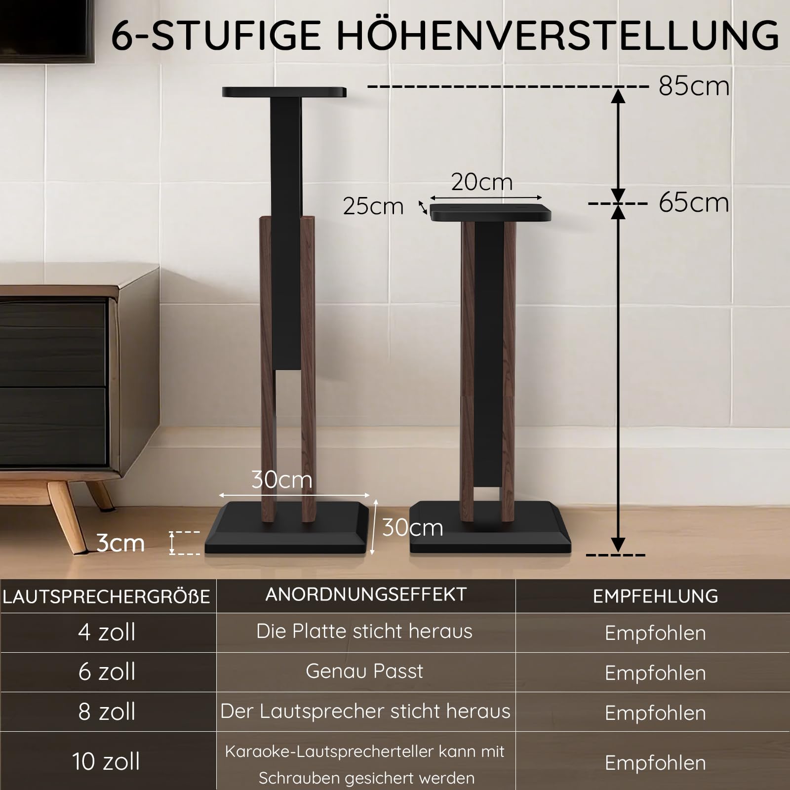 Lautsprecherständer 65-85cm höhenverstellbar, Boxenständer Holz für Satelliten Regallautsprecher von 4 bis 10 Zoll, 20kg Tragkraf, 2er-Set