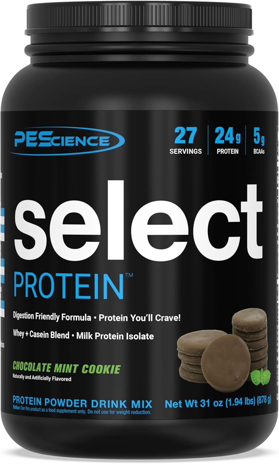 PEScience Select Protein Powder, Whey and Casein Blend, Lean Protein Powder for Women and Men, Low Calorie, Low Carb, Keto Friendly, Gluten Free, Chocolate Mint Cookie - 27 Servings