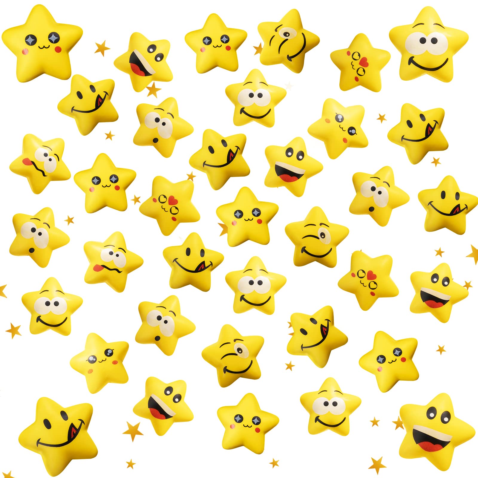 Kasyat 30 Pieces Star Stress Balls Stress Relief Smile Ball Yellow Mini Foam Smile Face Stress Balls Pressure Relief Toys for Student Prizes School Carnival Reward Party Bag Fillers for Over 3+