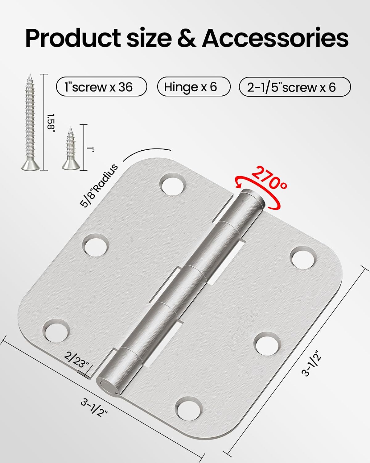 door hinges brushed nickel 6 pack 3.5 inch rounded 5/8" radius | satin nickel door hinges for interior and exterior doors, heavy duty 3 1/2" silver residential door hardware