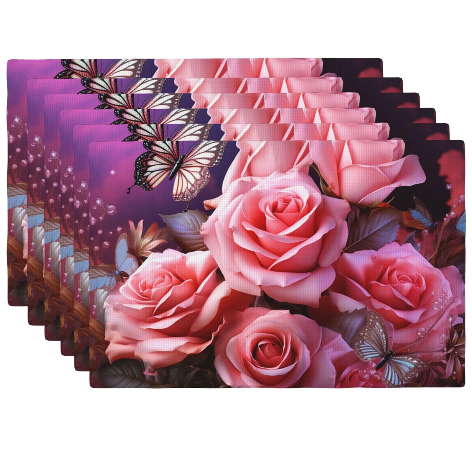 Set de table en lin rose avec motif roses et papillons pour cuisine - Lot de 6