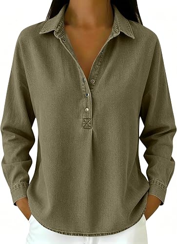 Denim Shirt for Women Long Sleeve Button Collared Long Sleeve Jean Tops Business