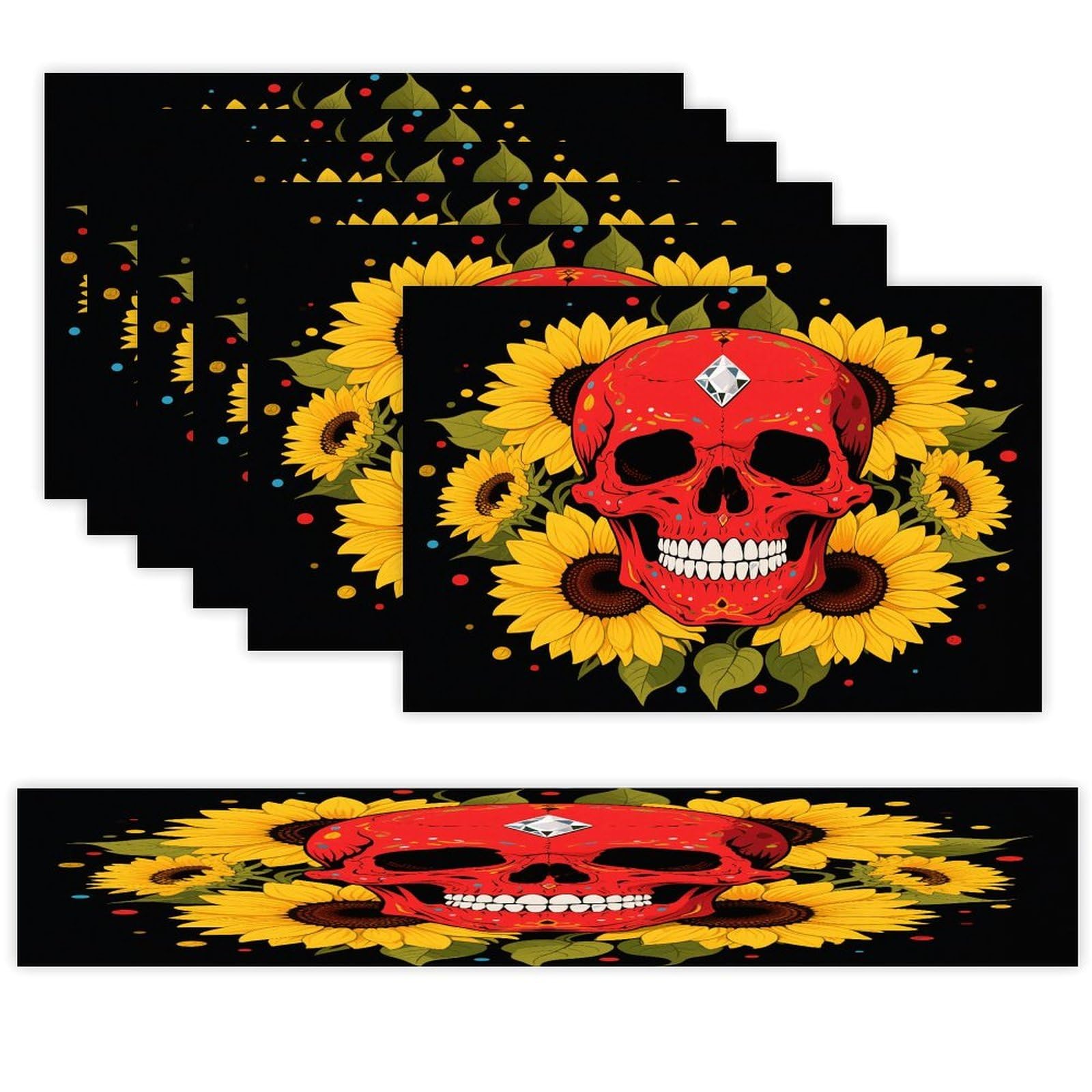 Red Skull & Yellow Sunflowers Table Runner and Placemats Set of 7 Linen Table Mat Non-Slip Place Mats Washable Placemat Heat Resistant Place Mat with Table Runner for Party Dining Decor