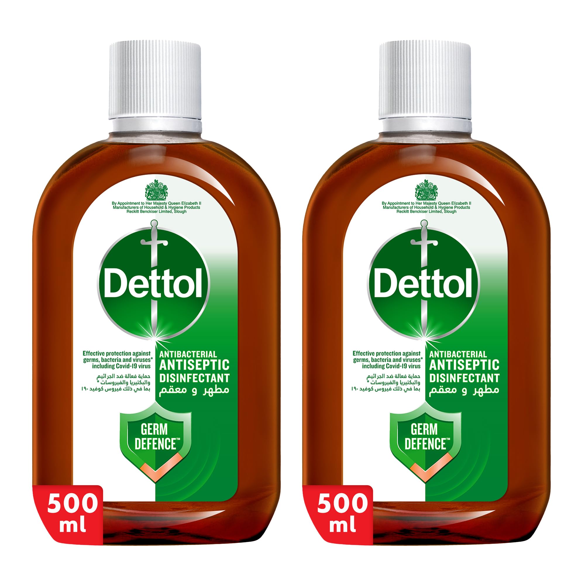 DettolAntiseptic Antibacterial Disinfectant Liquid for effective Germ Protection & Personal Hygiene, Can be used for Surface cleaning, bathing and laundry, 500ml, Pack of 2 (Packaging may vary)
