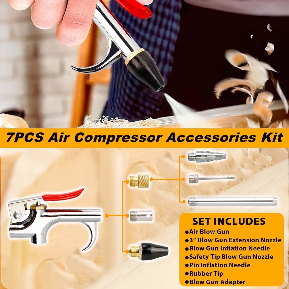 7PCS Air Compressor Accessories Kit, 1/4" NPT Quick Connect Air Tool Set for Compressor, Includes Blow Gun, Extension Nozzle, Rubber Tip, Inflation Needles & Adapter – Alloy Construction