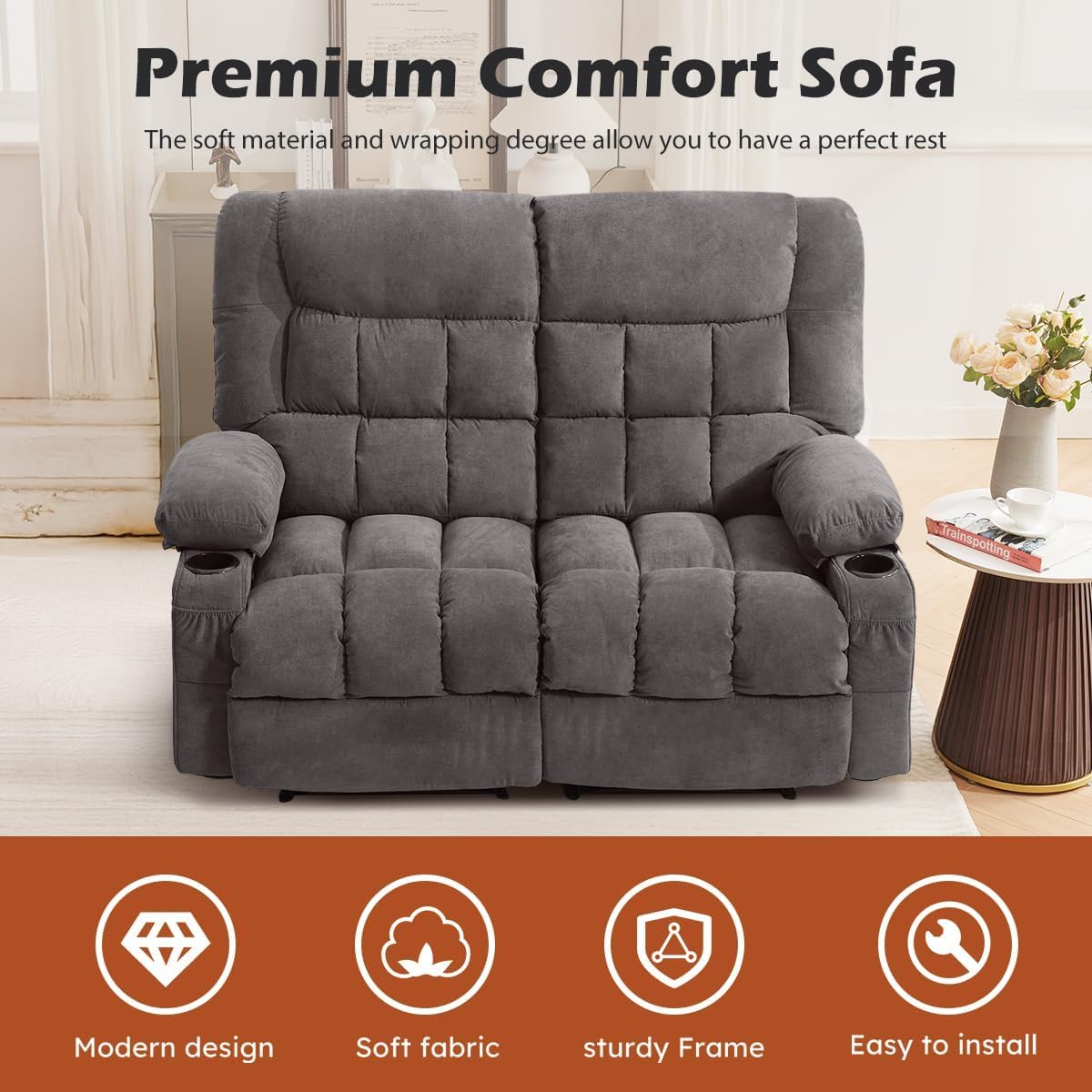 MAHOMICO Recliner Loveseat with Cup Holders for Living Room Love Seat Manual Oversized Recliner with Ergonomic, Side Pocket for Adult view 4