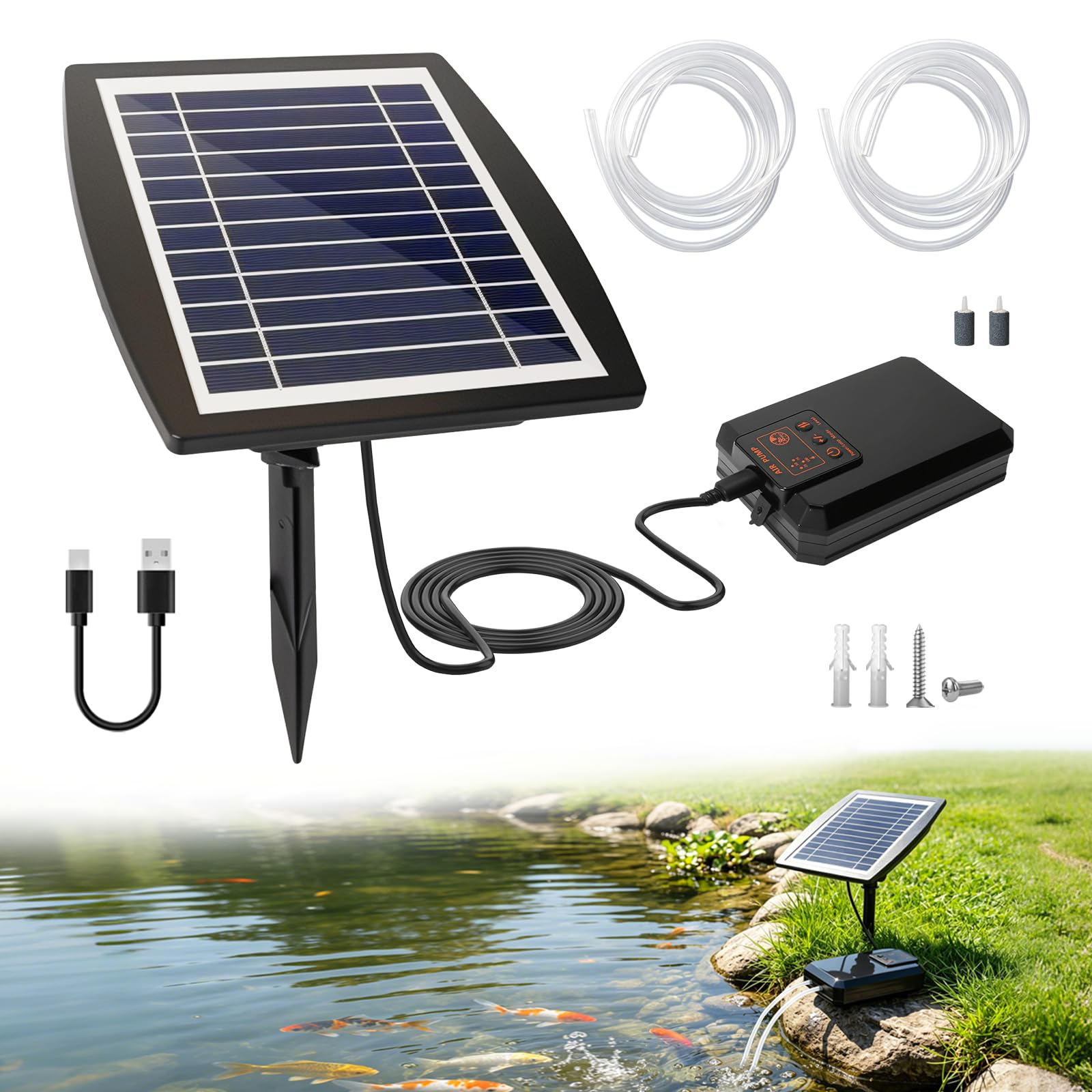 Aeratore solare per laghetto, Pompa di Ossigeno Solare, 3 W, Tubo da 3 M, IPX5, Silenziosa, per Laghetti da Giardino, Cisterna Idroponica, Acquario, Laghetto per Pesci