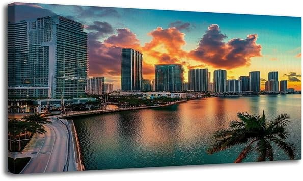 Canvas Wall Art Prints city skyline sunrise Miami Florida Brickell Large Framed Wall Art Painting Artwork Poster Hanging Home Decor for Living Room Office Bathroom 30"x60"