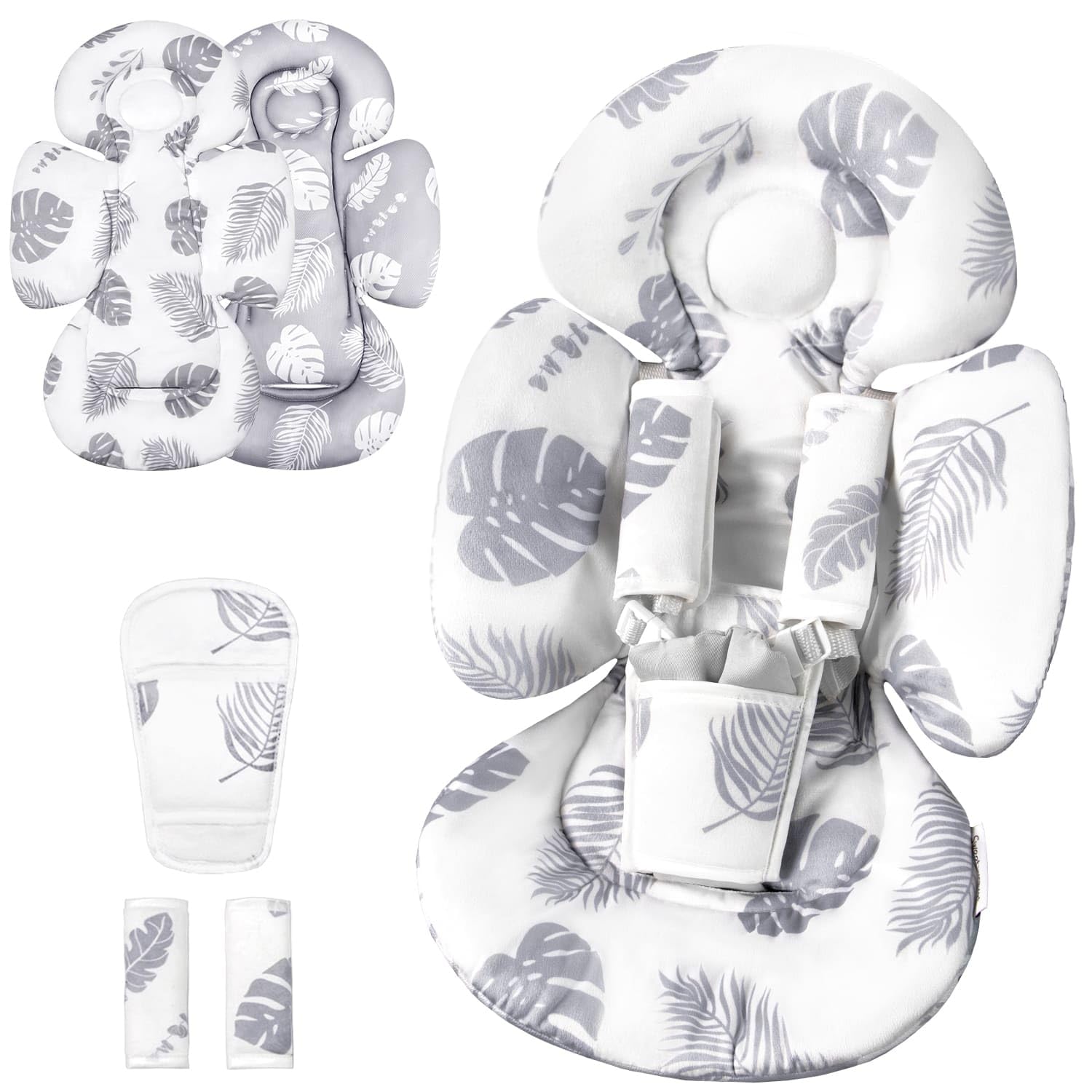 Generic Infant Car Seat Insert Compatible with Mamaroo Swing & Graco Swing and Infant Car Seat, Newborn Insert Baby Head Body Support, Reversible Design, Breathable Soft Fabric, 1Pcs - Grey Leaf