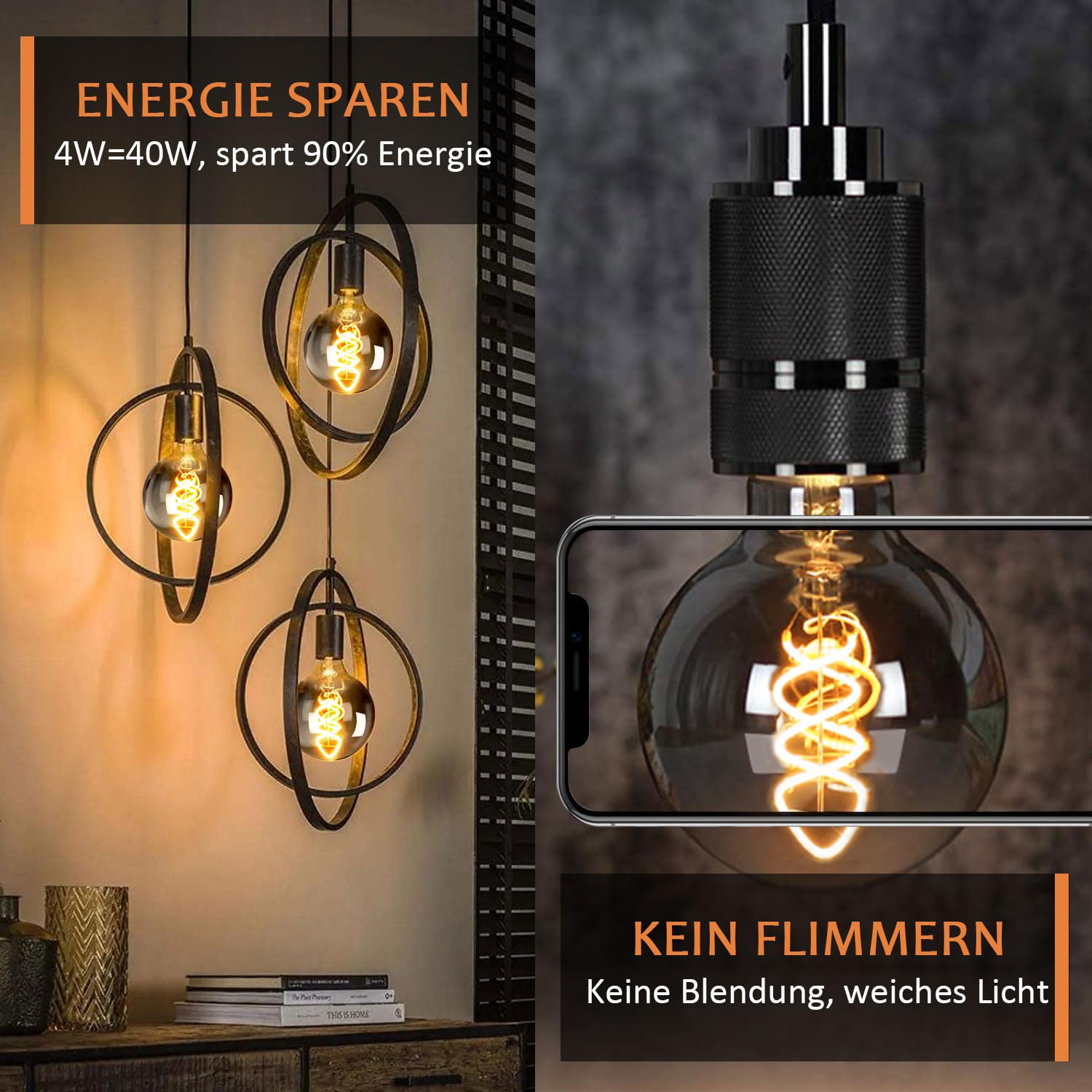 E27 LED Vintage Glühbirne, Edison Vintage Glühbirne E27 Dimmbar 4W G80 Retro Glühbirnen LED Filament Lampe Warmweiß Ideal für Dekorative Nostalgie Retro Beleuchtung, Rauchglas-6 Stück (HPS6PBT1)
