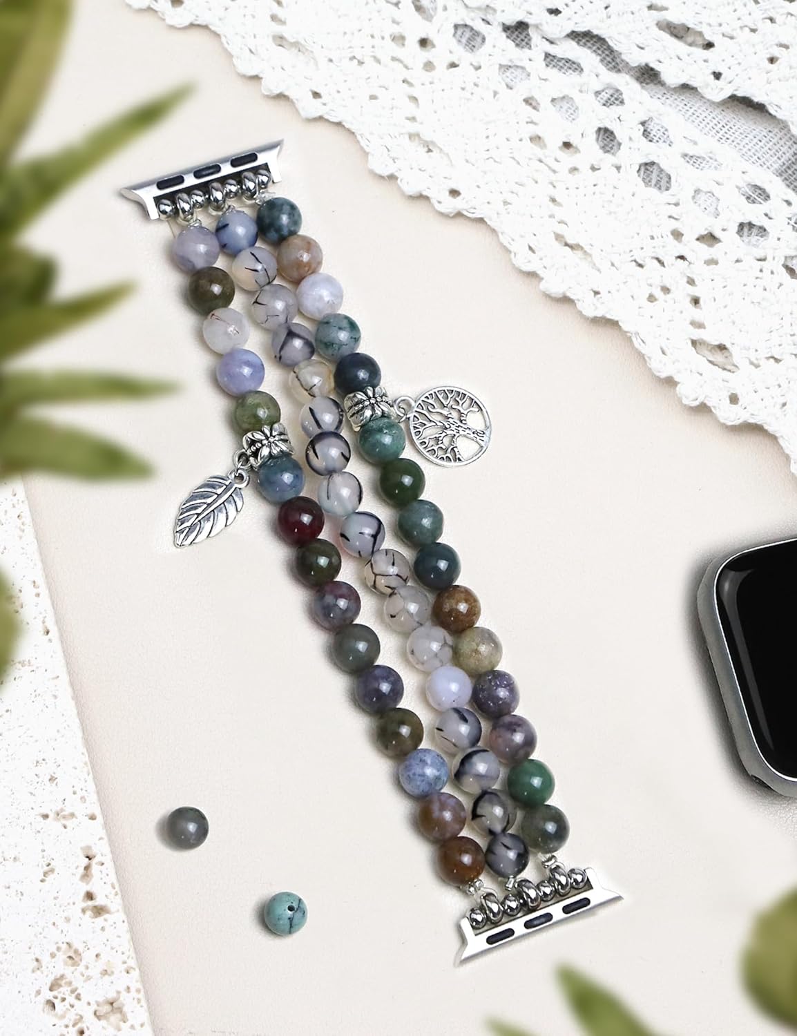 JR.DM Natural Stone Beaded Bracelet Bands for Women Compatible with Apple Watch 40mm 41mm 38mm 42mm(S10/11) Comfort Cool Elastic Strap Replacement for iWatch Series 11/10/9/8/SE/7/6/5/4/3/2/1 - Image 3