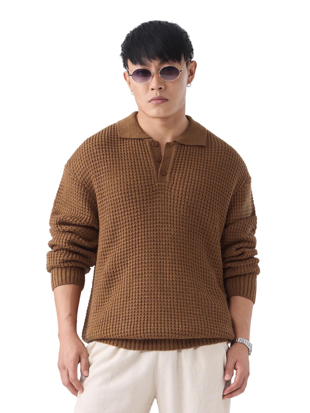 the souled store Chunky Knit: Bronze Men and Boys Full Sleeves Collared Neck Henley Textured Waffle Knit Acrylic Lightweight Casual Oversized Pullover Sweater-picture-16