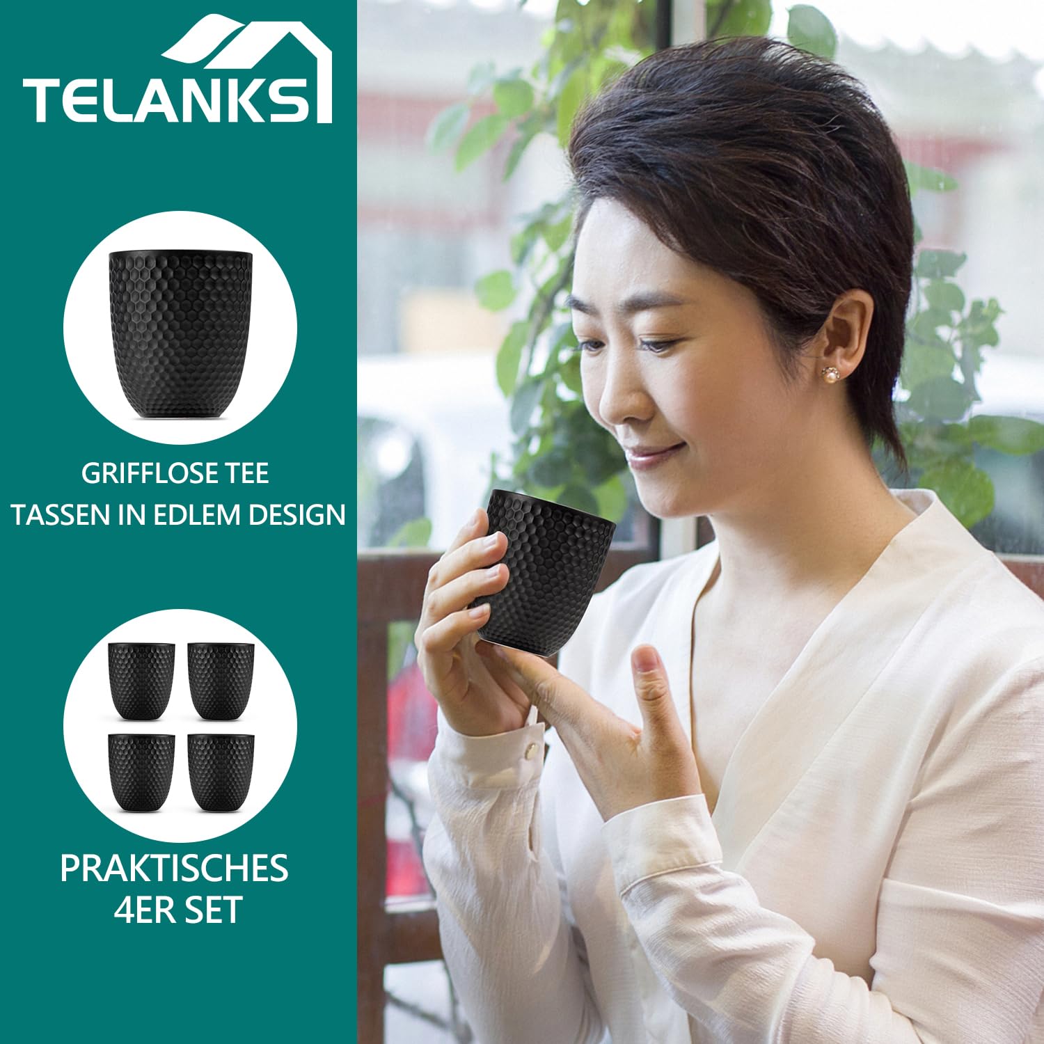 Japanische Teetasse Keramik, Tee Tassen Schwarz, Chinesische Teetassen Set Buddhistische Herz Sutra Muster Keramik Tasse ohne Henkel (180ml*4)