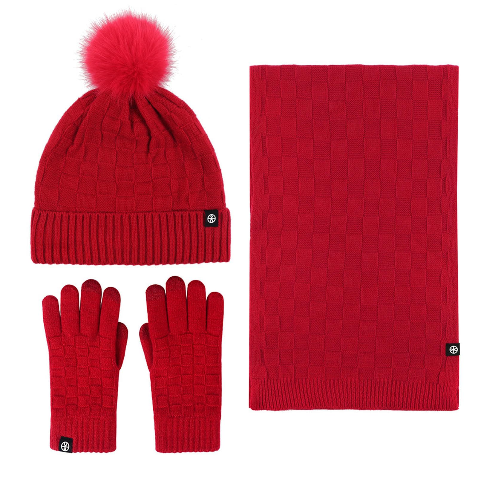 Wintermütze Schal Handschuhe Set Winter-Set Mit Fleece-gefütterter, Warmer Bommel-strickmütze, Und Handschuhen Für Den Außenbereich-schwarz