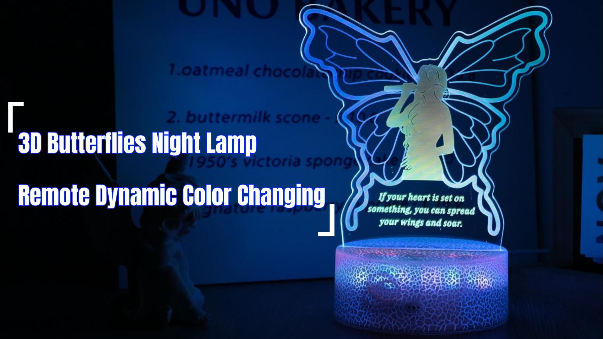 Image of Inspirational Gift for Women - Remote Control 3D Butterfly Lamp with Uplifting Quote, Dimmable Night Light, 7 Colors & Timer, 3 Acrylic Panels for Home Decor Bedroom