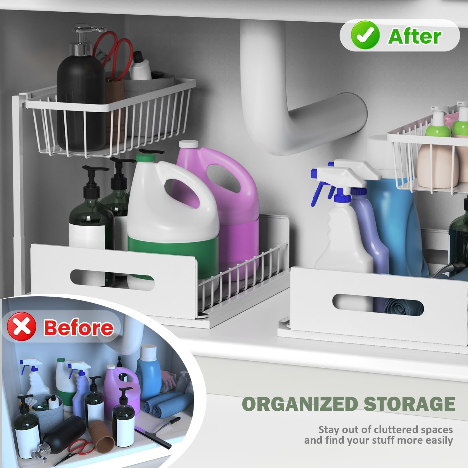 Aoresac Organizador Cocina 2 Paquete Deslizantes 2 Niveles para Debajo del Fregadero, Extraíble Estante Almacenamiento, Forma de L (Blanco)