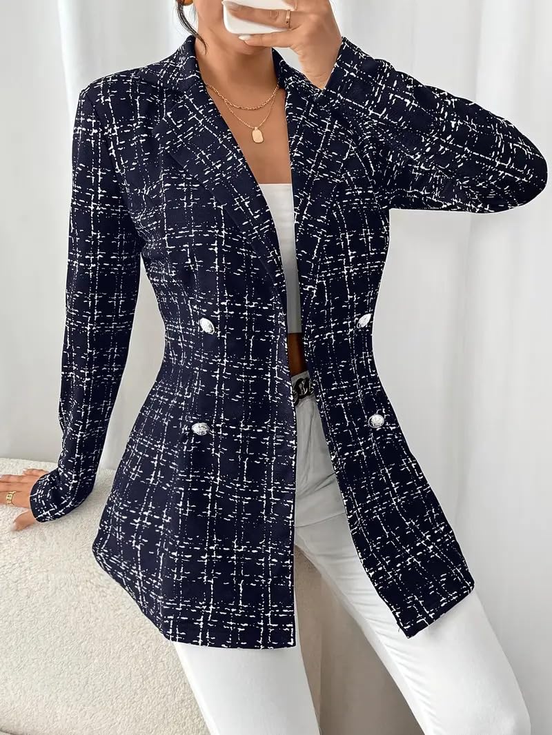 Blazer De Mujer - Abrigo De Tweed A Cuadros para Mujer Elegante Blazer Cruzado con Solapa Corte Entallado Largo Medio Estilo Línea A Chaquetas De Traje Ropa De Oficina Formal Abrigos