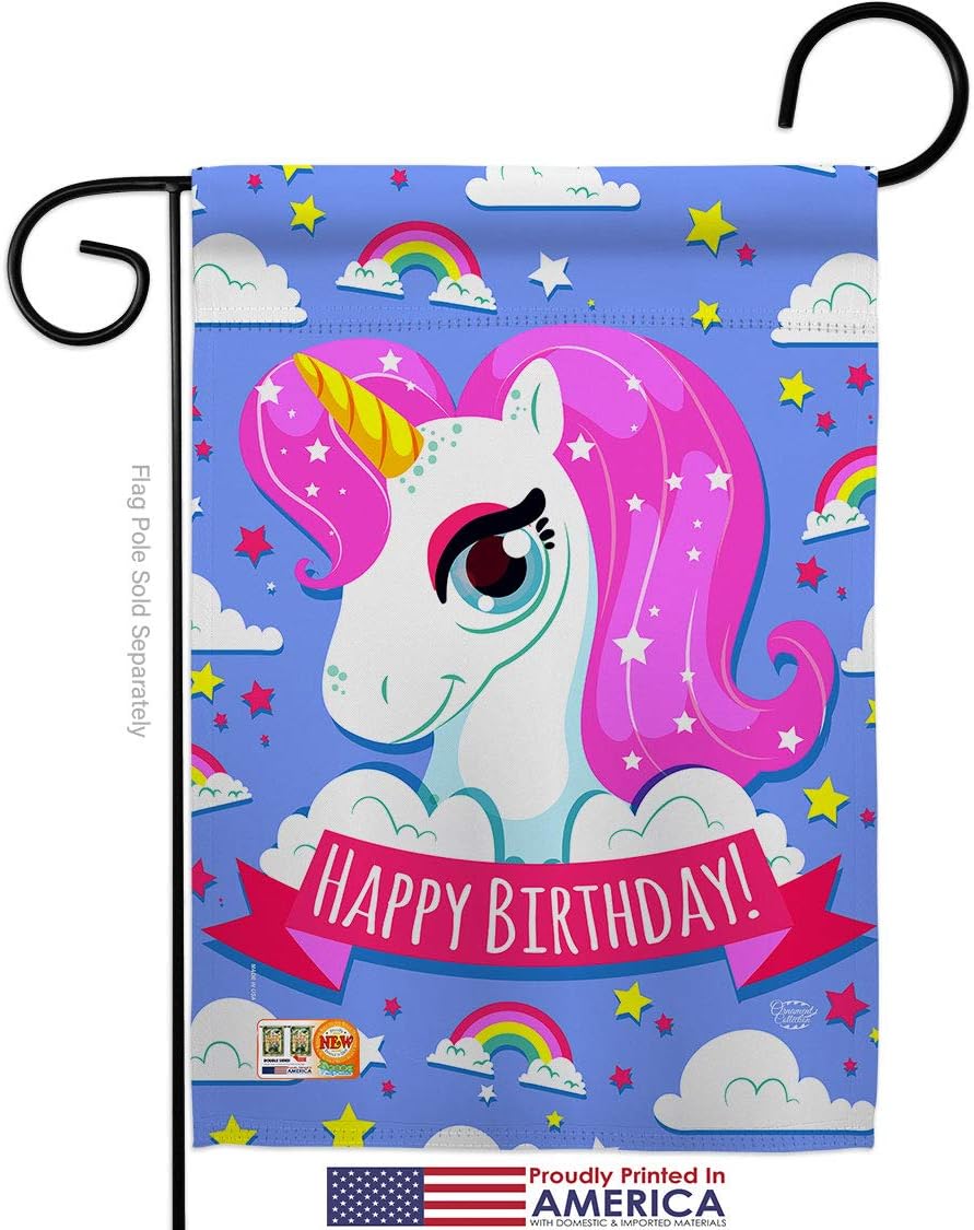 Magical Unicorn Birthday Garden Flag Set with Stand Celebration Cake Gift Present Candy Bouquet Occasion Anniversary Party Small Decorative Yard House Banner Made In USA 13 X 18.5