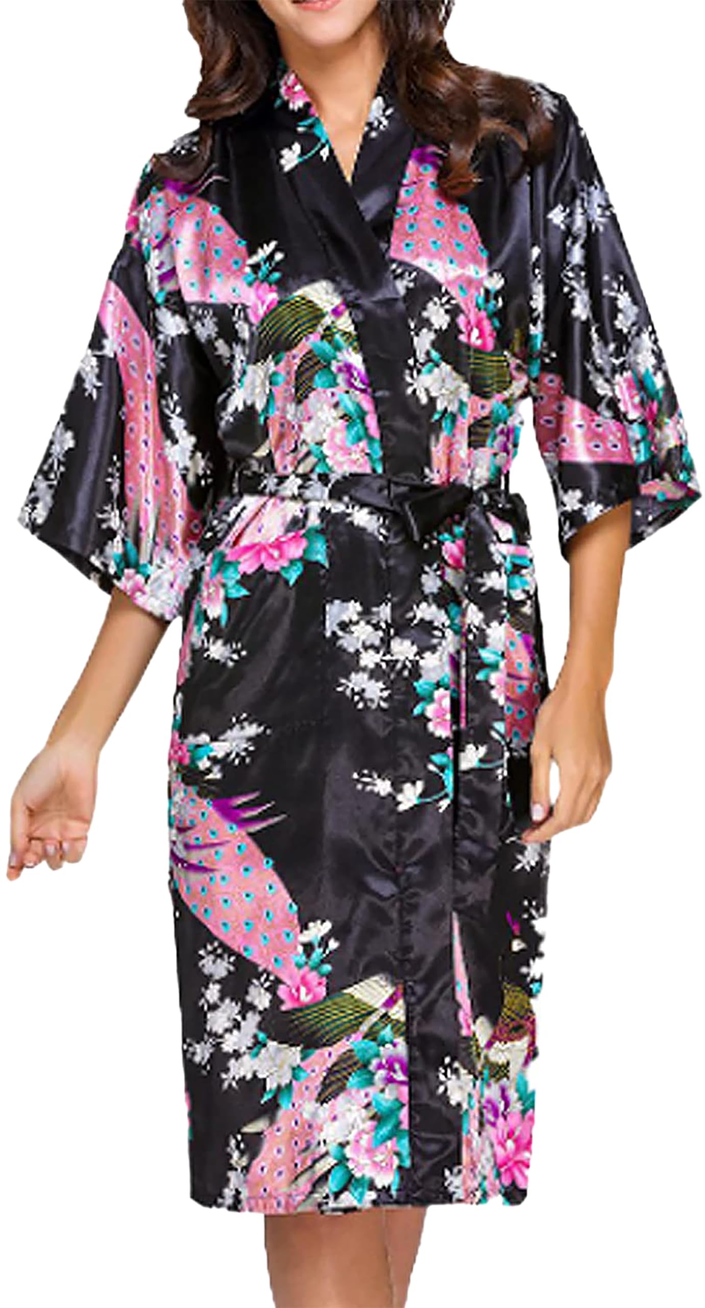 TRIFOLIUM Bata Kimono y Camisón de Seda Satinada con Estampado de Pavo Real para la Boda, Négligé y Vestido de Noche