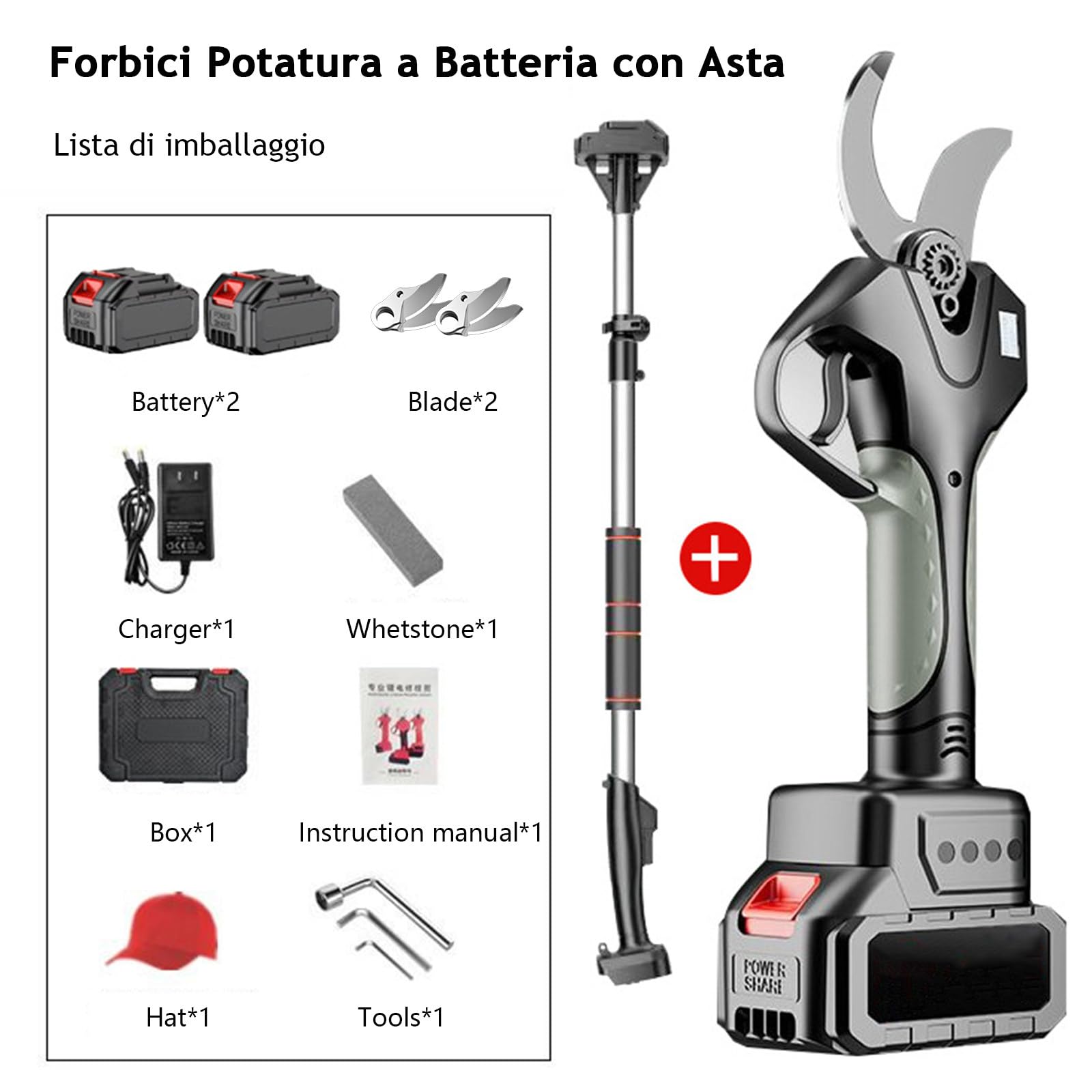 Forbici Potatura a Batteria con Asta, Cesoie Elettriche Professionali 2 x 4500 mAh, Display per Giardino, Frutteto
