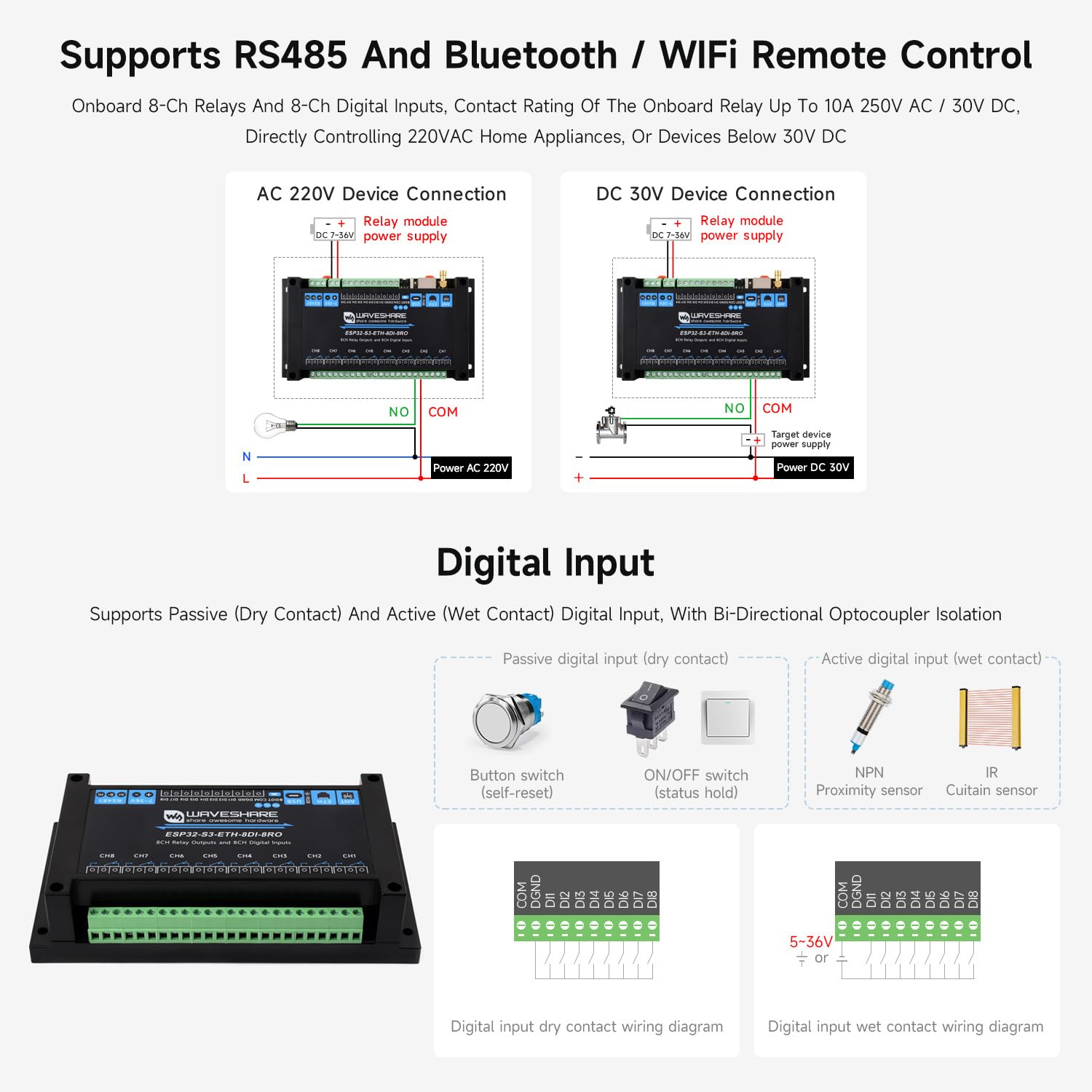 Waveshare ESP32-S3-ETH-8DI-8RO(Common Network Port), Industrial 8-Ch ESP32-S3 WiFi Relay Module, Isolated RS485 Interface, Xtensa 32-bit LX7 2-Core Processor, Up To 240MHz, Multi Isolation Protection