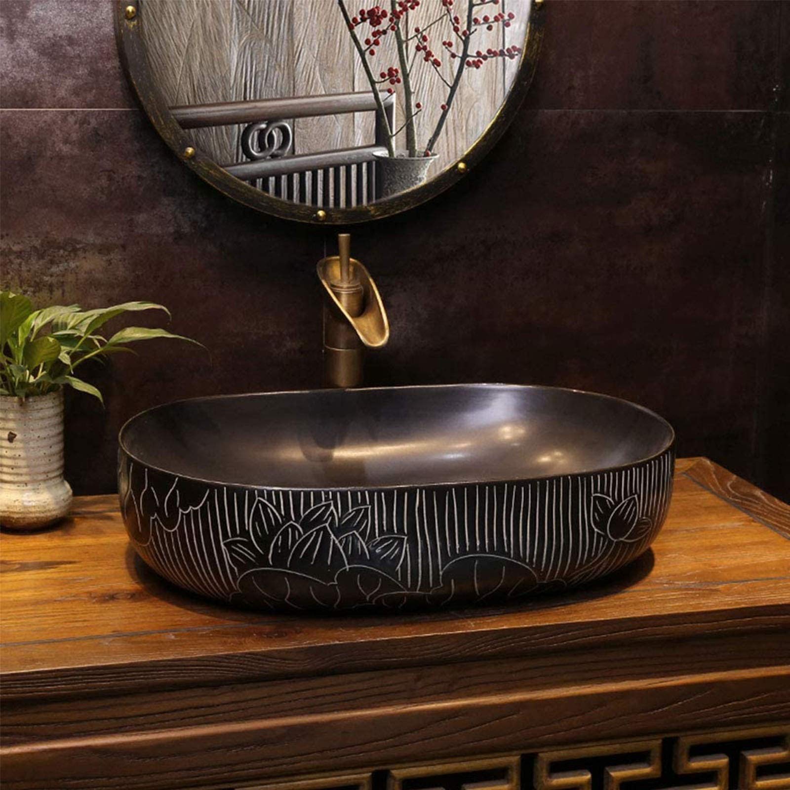 Umywalka ceramiczna Kamień naturalny Owalna wpuszczana Łazienka Czarny Lotos Sztuka retro Powyżej Umywalka nablatowa Owalna Umywalka ceramiczna Chińska