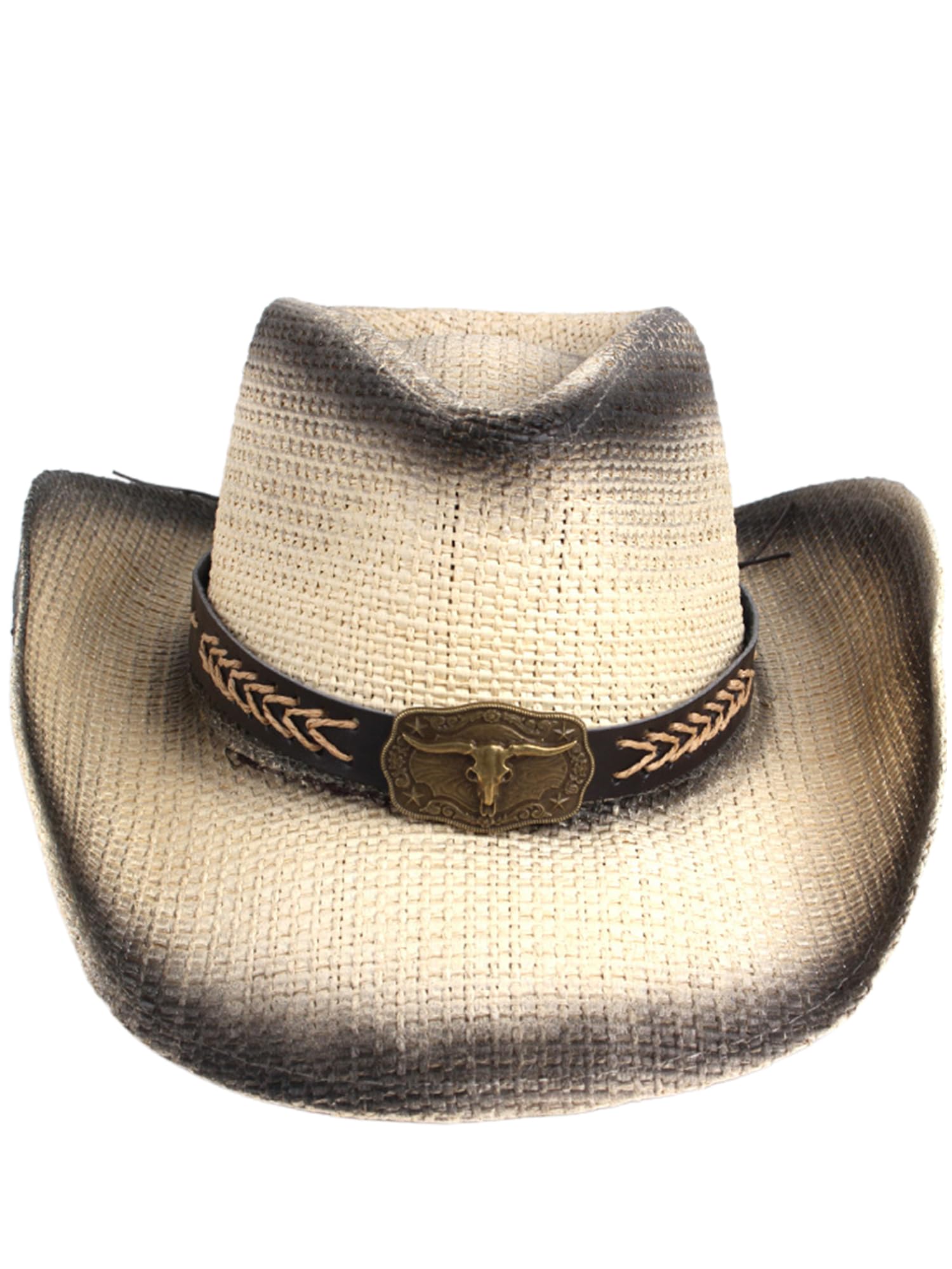 Felcia Men's Women's Straw Cowboy Hat Woven Sunscreen Cap Western Cowboy Hat Two Decorative Bands B-Beige One Size