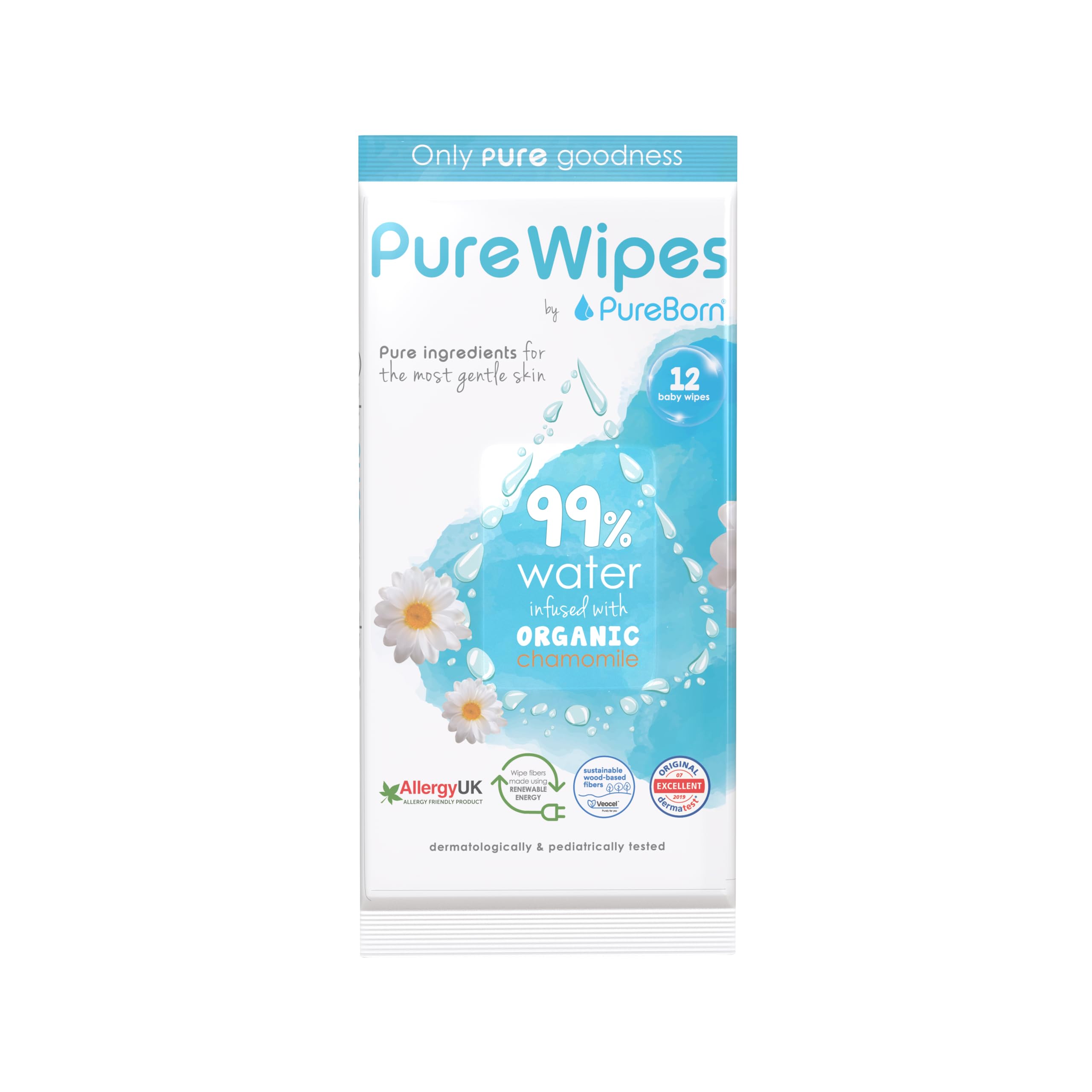 Organic/Natural Cotton Pure Baby Wet Wipes with Chamomile extract|Suitable for sensitive baby skin & Daily use|Dermatologically tested|Eco Friendly|Travel Pack|12 Wipes
