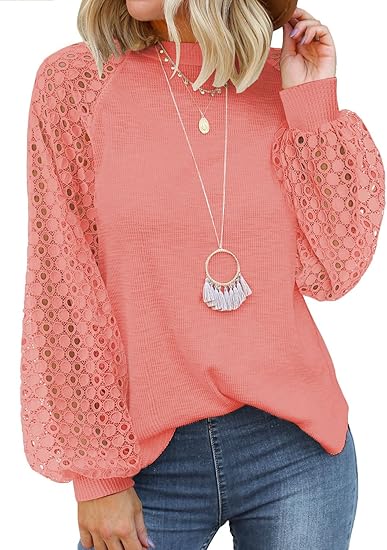 MIHOLL Womens Long Sleeve Tops Lace Casual Loose Blouses T Shirts
