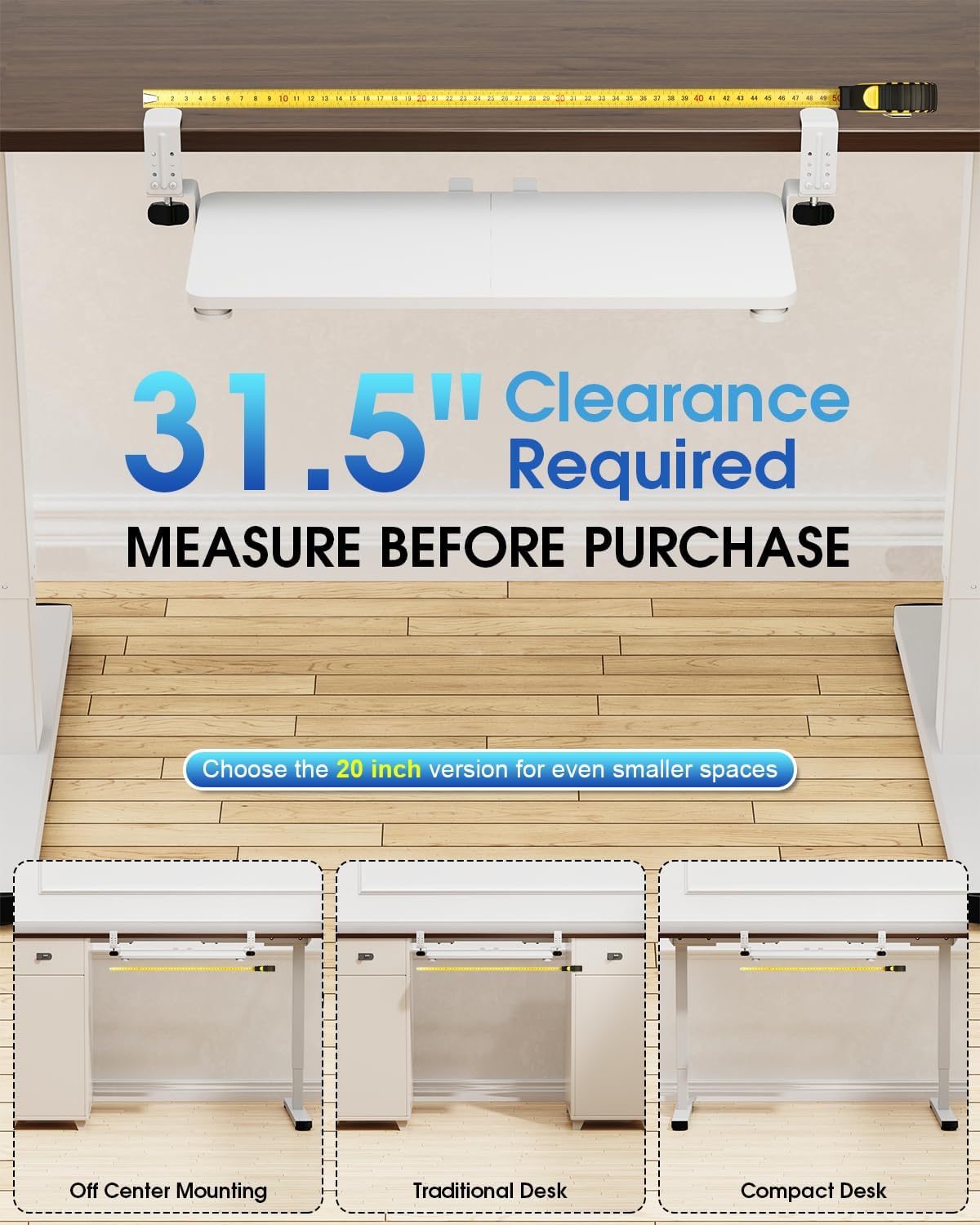 Large Keyboard Tray Under Desk, Pull Out Keyboard & Mouse Tray with Adjustable C-clamp, 25.6(31.5 Including Clamps) x 11.8 Inch Slide Out Computer Keyboard Drawer Mouse Tray for Typing, White