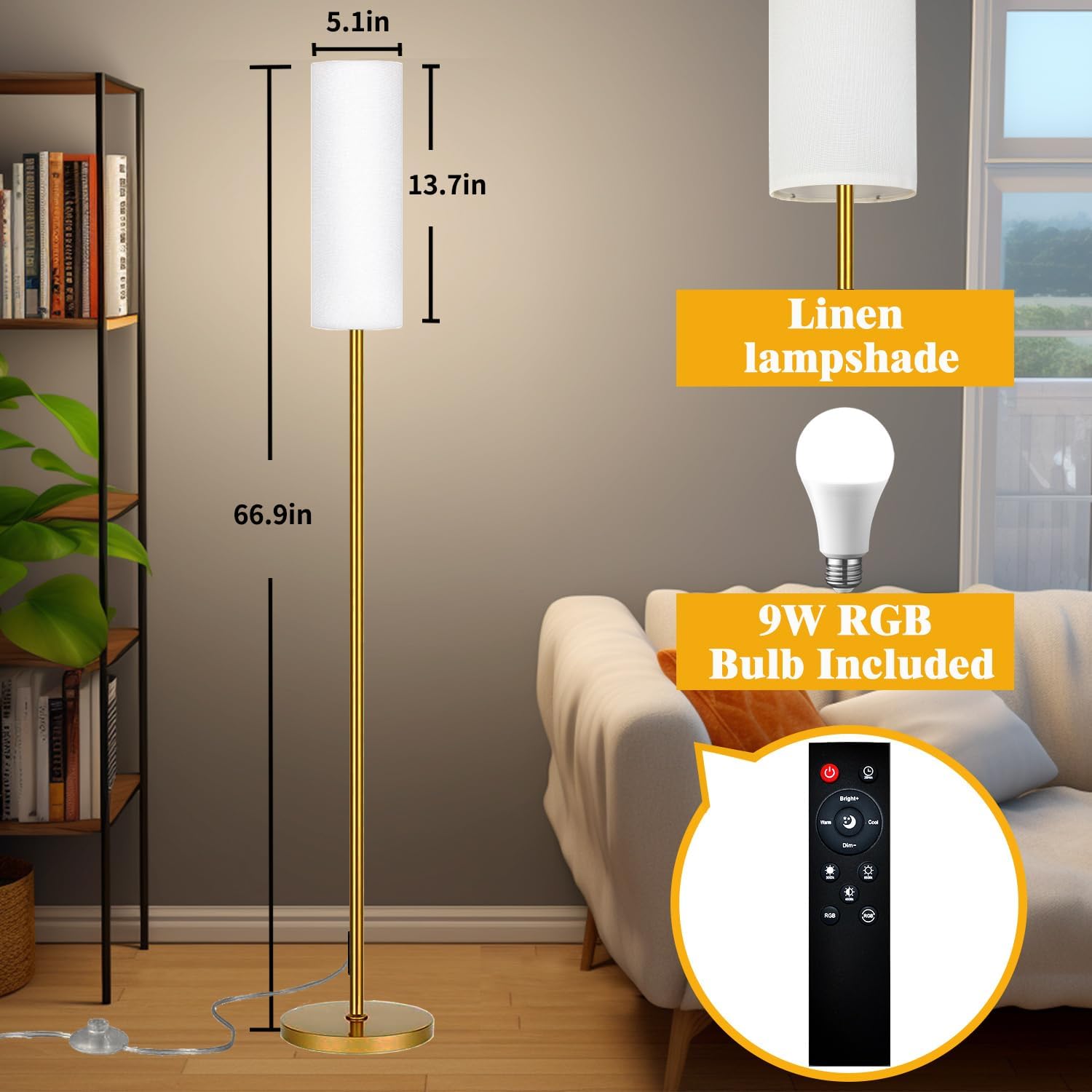 Smart LED Floor Lamp with APP Control & RGB Colors - Dimmable Standing Lamp for Living Room, Bedroom, Gaming - Remote, Timer, 9W Bulb Included, 67" Modern Tall Lamp (Gold)