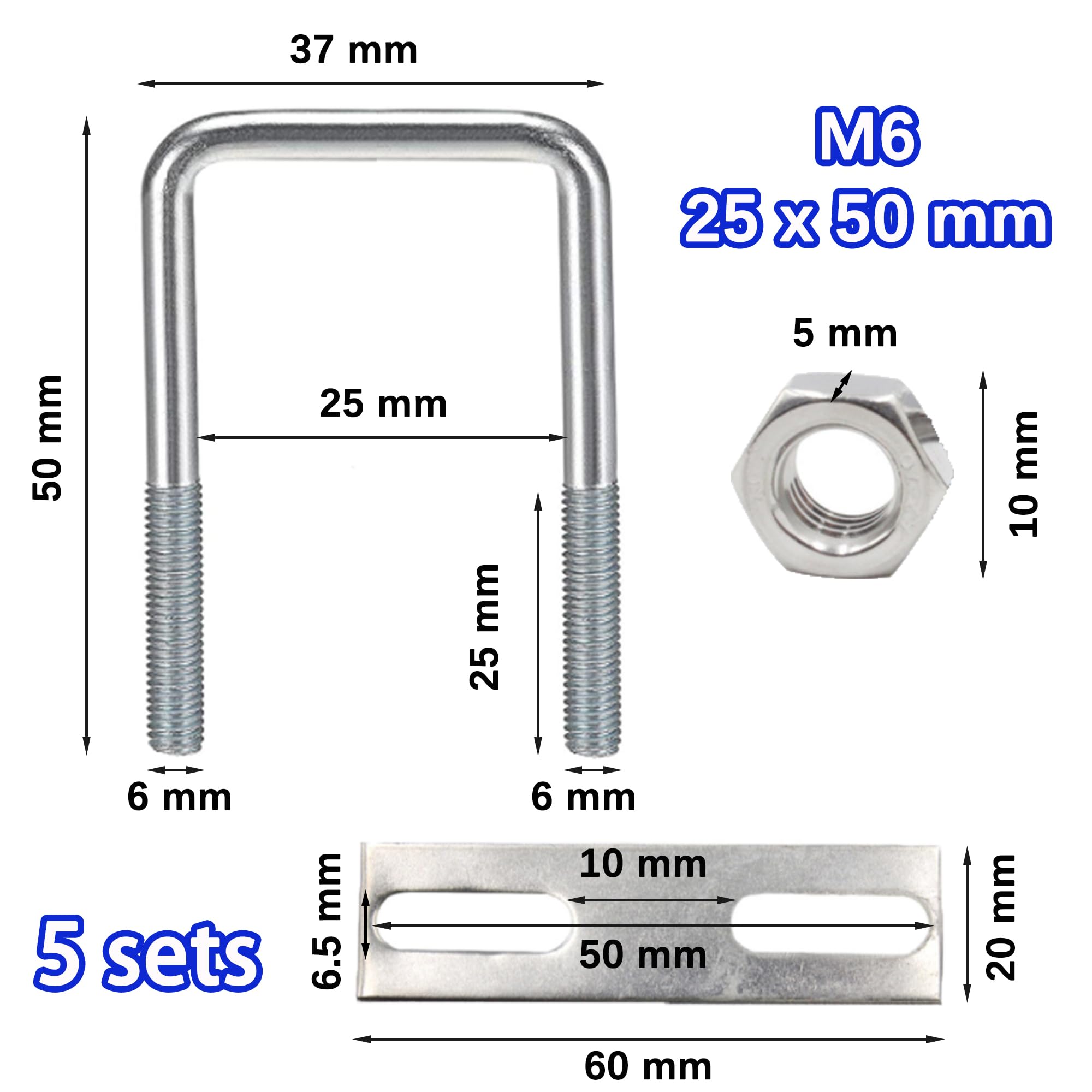 duoyif U Bolt M6 25 x 50 mm Pack of 5 U Bolts Square, U-Bolt M6 U Shackle, U Screws M6 Stainless Steel with Nut Frame Plate - Image 2