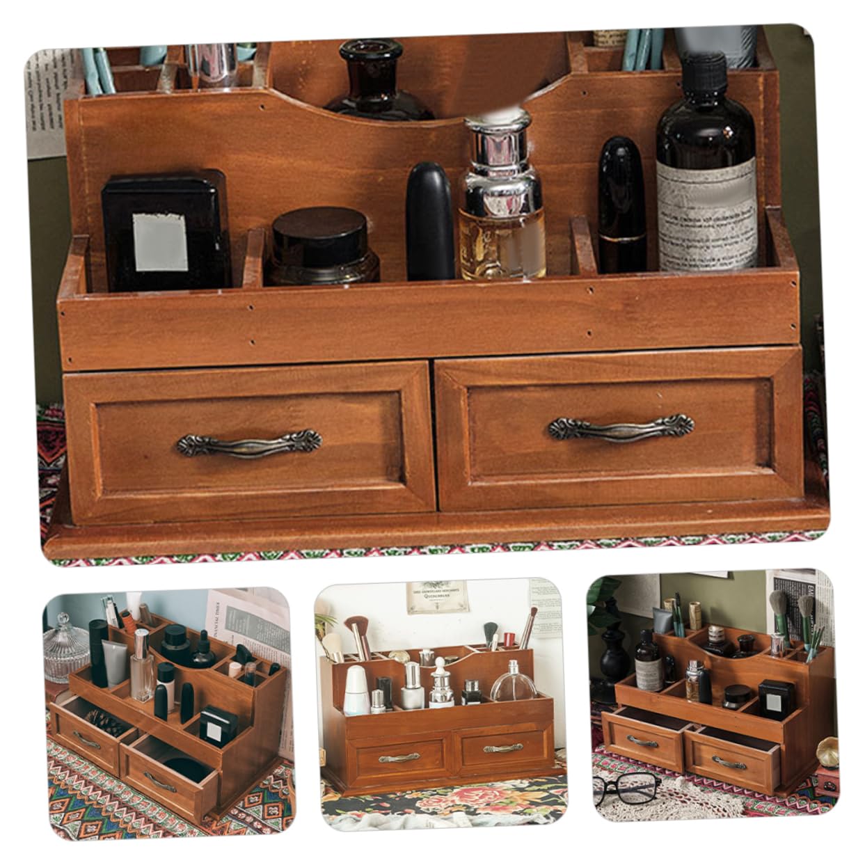 Organizer Scrivania in Legno Vintage Per Cosmetici e Contenitore a Cassetto Multifunzionale 2 Griglie Per Camera Letto e Ufficio