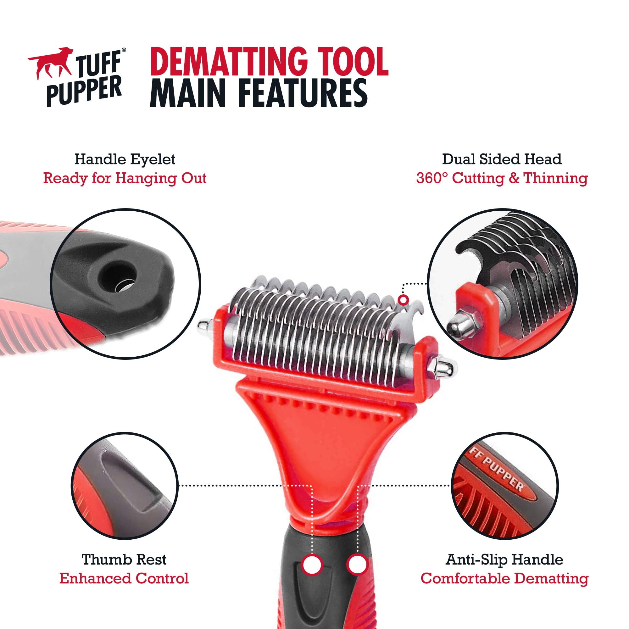 Tuff Pupper Dual Sided Dematting Comb | Convenient 12+23 Teeth Easily Removes Loose Fur Undercoat, Matting and Tangled Hair | Safe Comfortable Grooming Tool for Medium and Long Haired Cats Dogs Brush