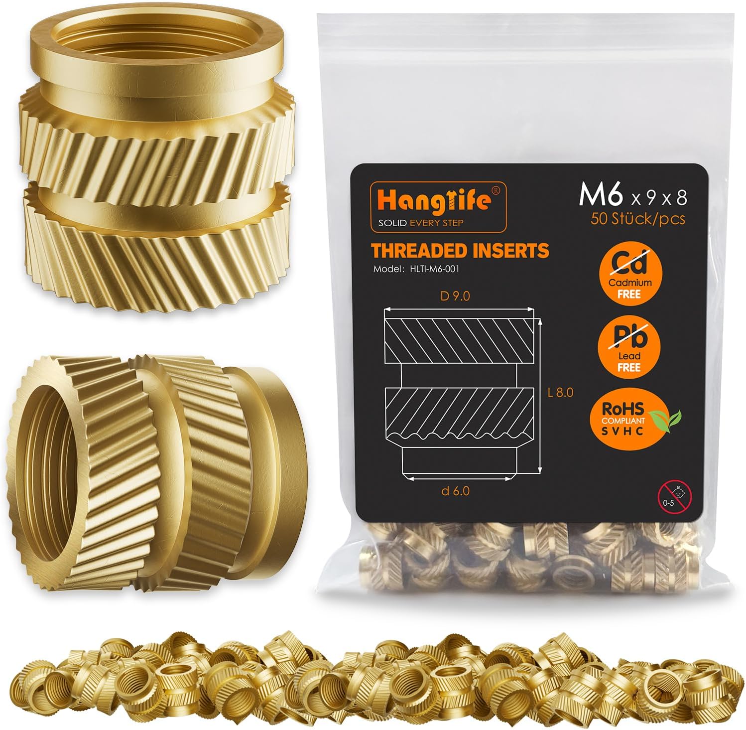 HANGLIFE Heat-Set Threaded Inserts, M6 Heat Set Insert for 3D Printing Components and Plastic Parts - Brass Metric Knurled Nuts (50 Pieces)