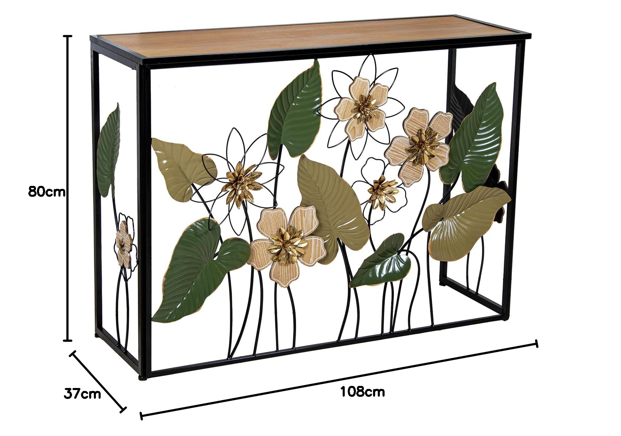 DRW Mesa de entrada consola recibidor de Metal y Madera con Flores tonos Tierra y Verdes 37x108x80 cm