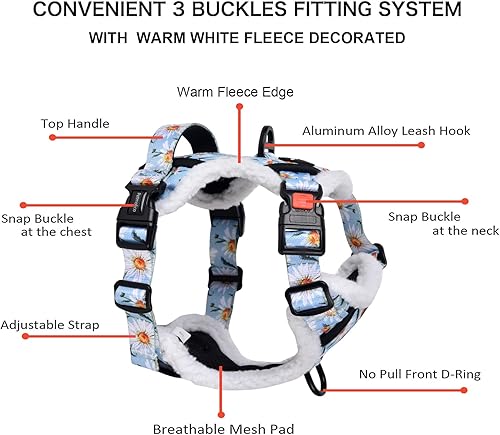 Miniatura 2 de Petmolico Arnés floral y correa para perro, arnés de forro polar para perro con 2 clips para correa y asa de fácil control para perros pequeños,