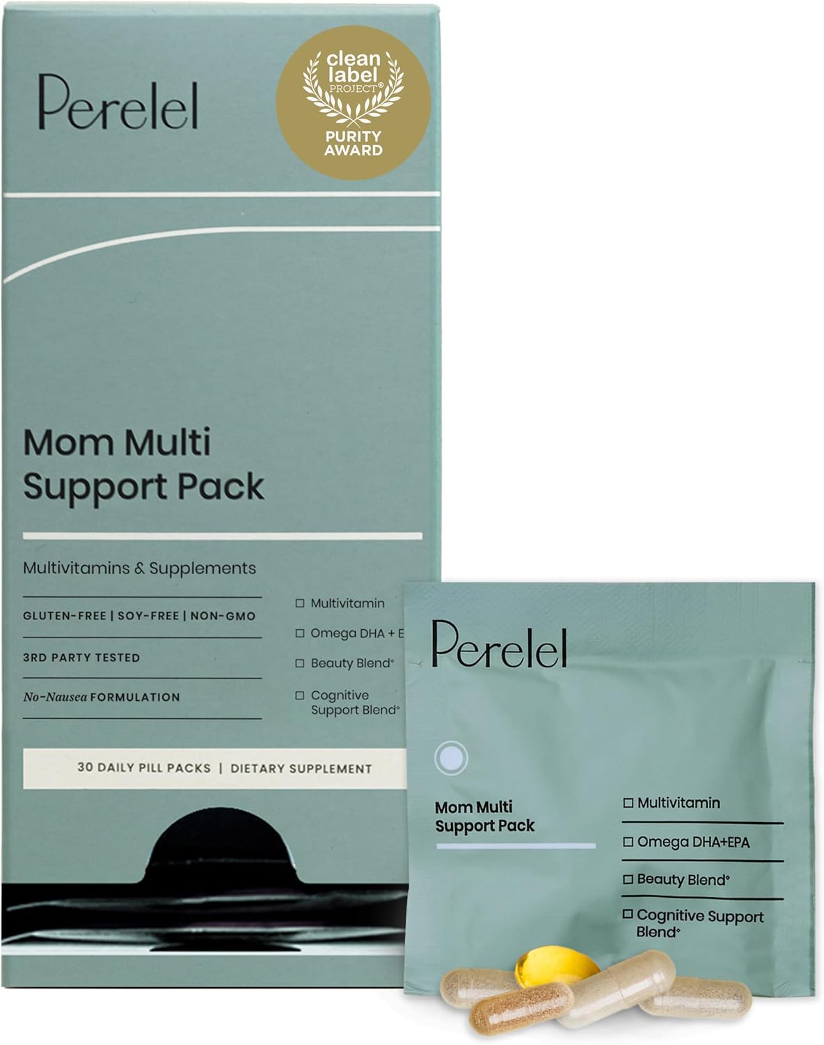 Perelel Mom Multi Support Pack, Postnatal Vitamins for Women with Omega 3 Dha, Iron, Collagen, & Vitamin B12 to Support Postpartum Health, Soy & Gluten Free, Non GMO, 30 Daily Pill Packs