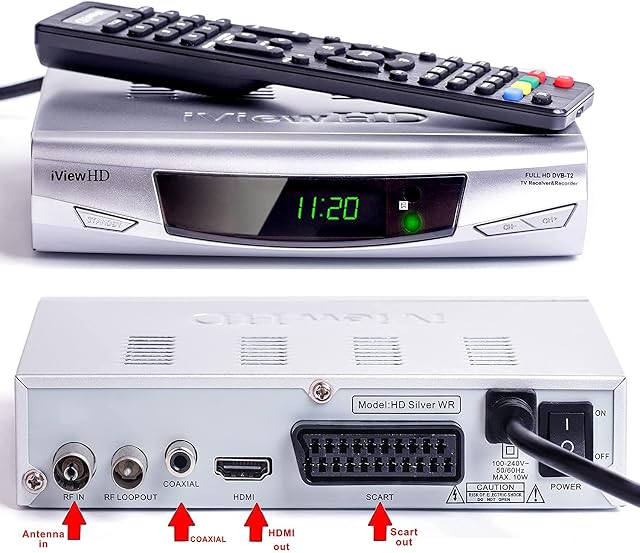 UK FULL HD Freeview Receiver + HD Recorder by USB Stick, Analogue to Digital TV Converter 1080P Set Top Box & MP4/MP3/JPG USB M.M Player (HDMI or SCART Output) DVBT-2 Silver by iView HD