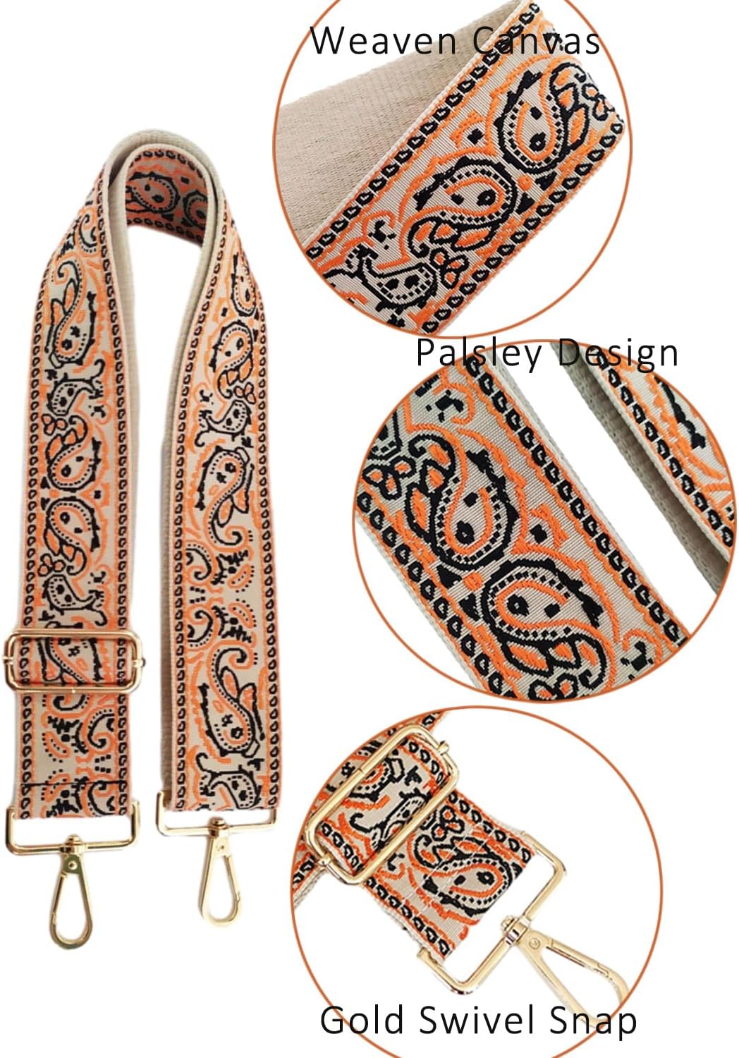1pc Adjustable Strap Replacement 2inch Wide Paisley Jacquard Belt for Crossbody Purse Handbag Shoulder Guitar Camera Bag (Orange) - Image 5