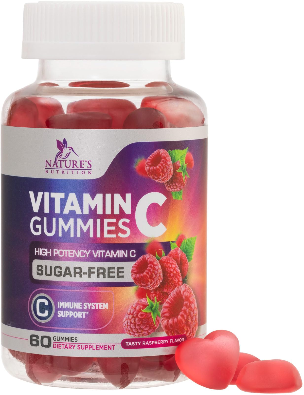 Vitamin C Gummies - 100% of Daily Vitamin C & Sugar Free - Immune Support with Powerful Antioxidants - Nature's Vegan VitaminC Dietary Supplement - Raspberry Flavor for Kids & Adults - 60 Gummies