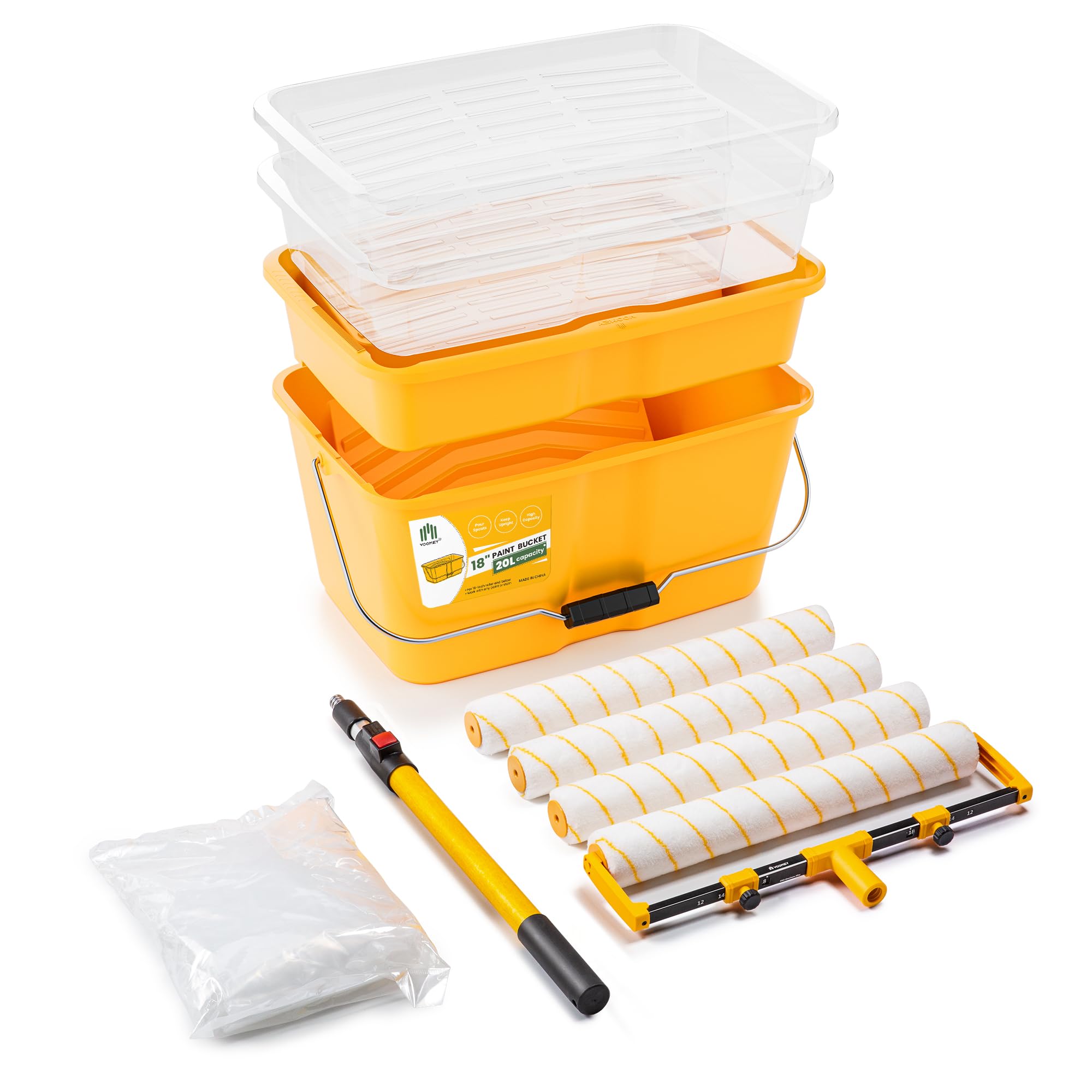 VOOMEY Kit de Rodillo de Pintura de 13 Piezas de 45.7 cm, Cubo de Pintura de 45.7 cm y Bandeja de Pintura, Marco de Rodillo de Pintura Grande con Pértiga de Extensión de 1 m, Forro de Bandeja de