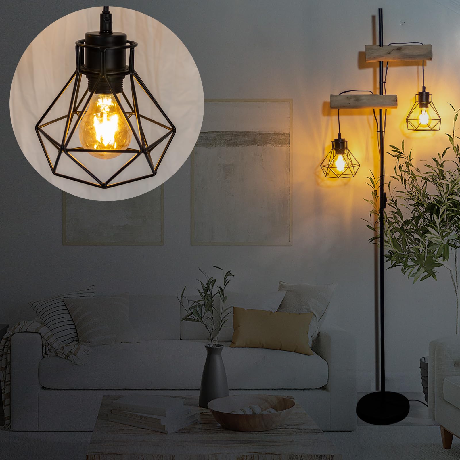 Lámparas de Pie Madera Salón Metal Lámpara de Pie con Pantallas en Forma de Diamante Moderna Lámpara de Salón Decorativa con Doble Interruptor