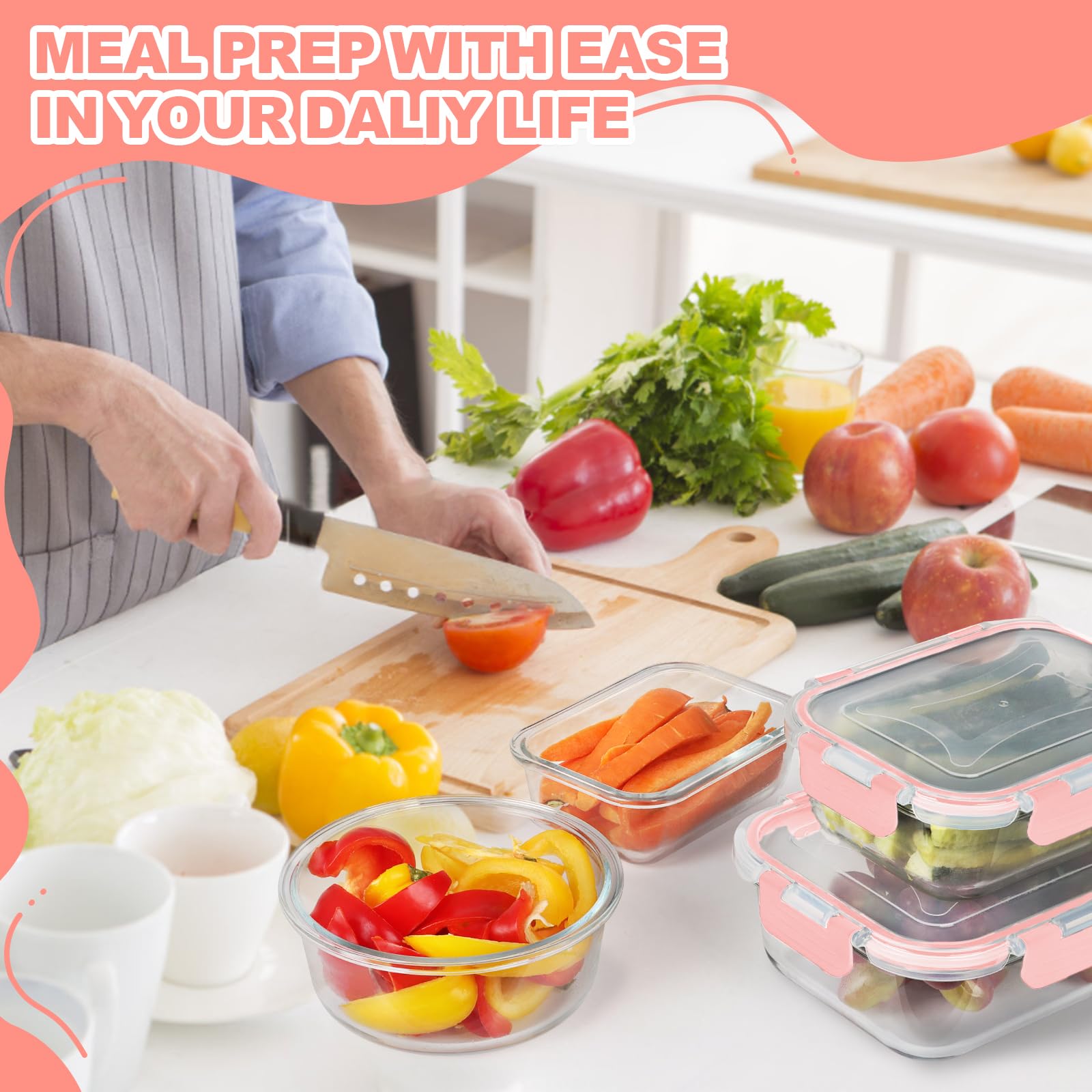 Skroam Confezione da 12 contenitori per alimenti in vetro con coperchio, per preparare i pasti, dispensa, contenitori da cucina per pranzo, a prova di perdite, ermetici, in vetro, per microonde,