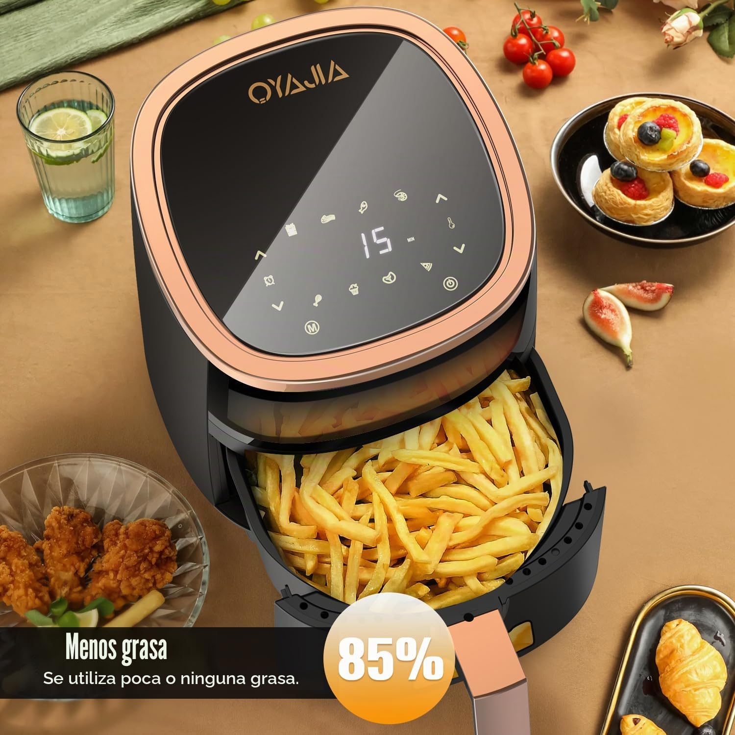 Freidora de aire caliente, 6 litros, airfryer con 8 programas, tecnología Rapid Air, pantalla táctil, ventana de visualización, apta para lavavajillas, freidora sin aceite, parrilla digital, horneado