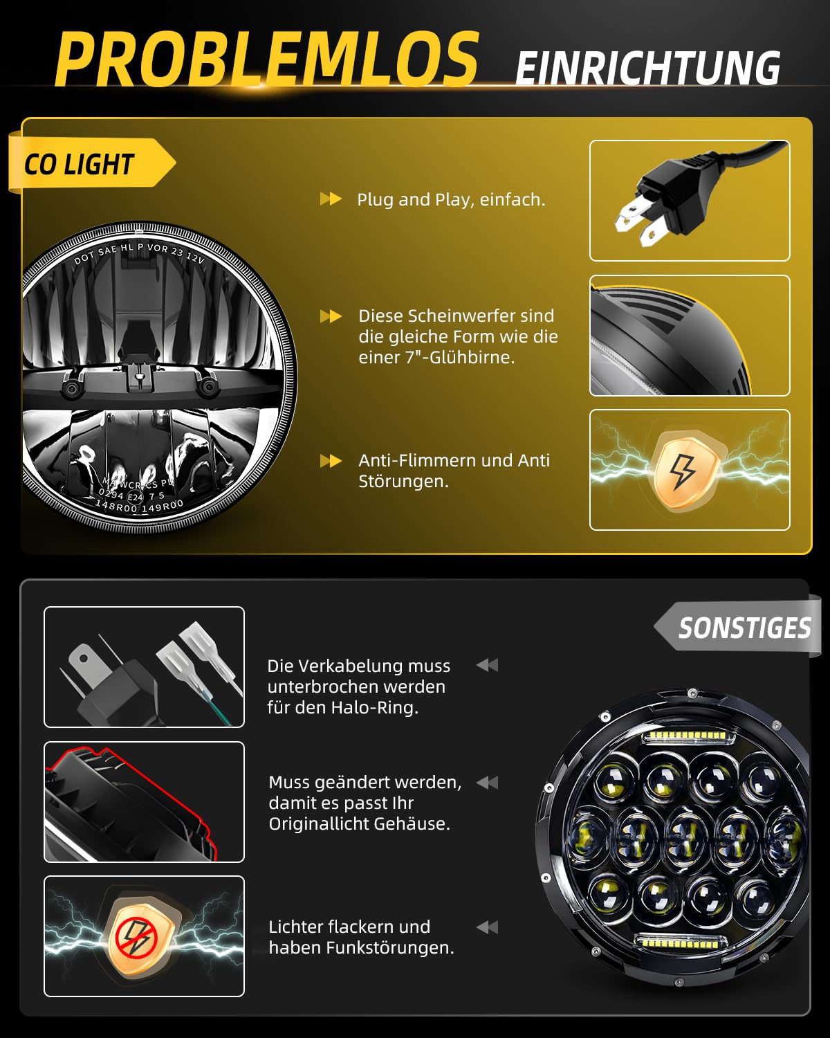 CO LIGHT 2PCS 7 Zoll LED Scheinwerfer, 12/24v 7'' Rund LED Frontscheinwerfer 120W 24000LM IP68 E9 Scheinwerfer für Wrangler JK LJ TJ CJ HUMER