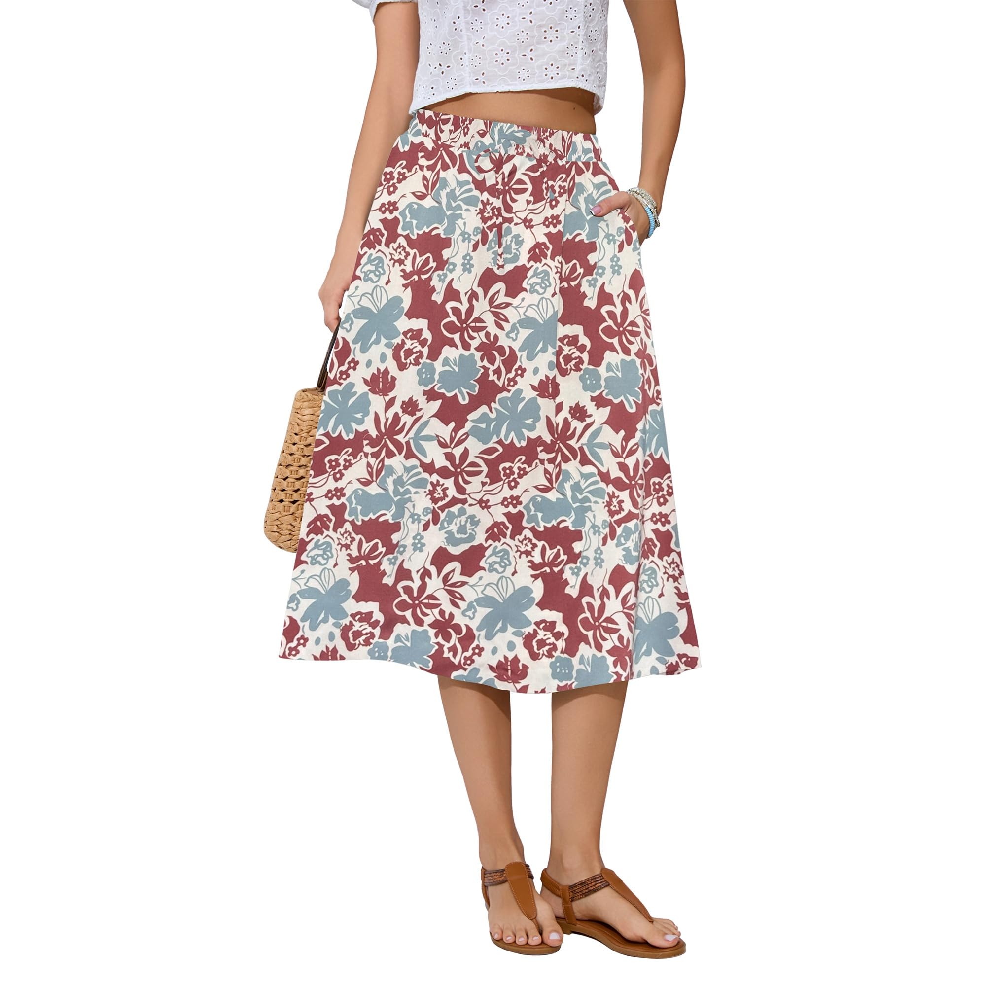 Witsmile Women's Summer Boho High Waist Pleated Flowy Midi Skirt