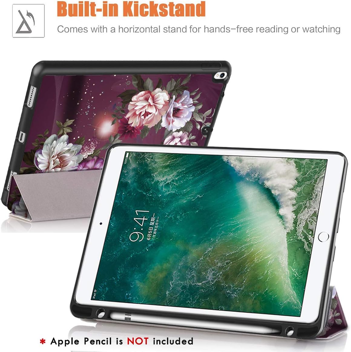 iPad Pro 12.9 2017/2015 Case, Hocase Folio Smart Case with Pencil Holder, Unique Design, Auto Sleep/Wake Feature, Soft TPU Back Cover for iPad Pro 12.9 1st&2nd Generation 2015&2017 - Burgundy Flowers