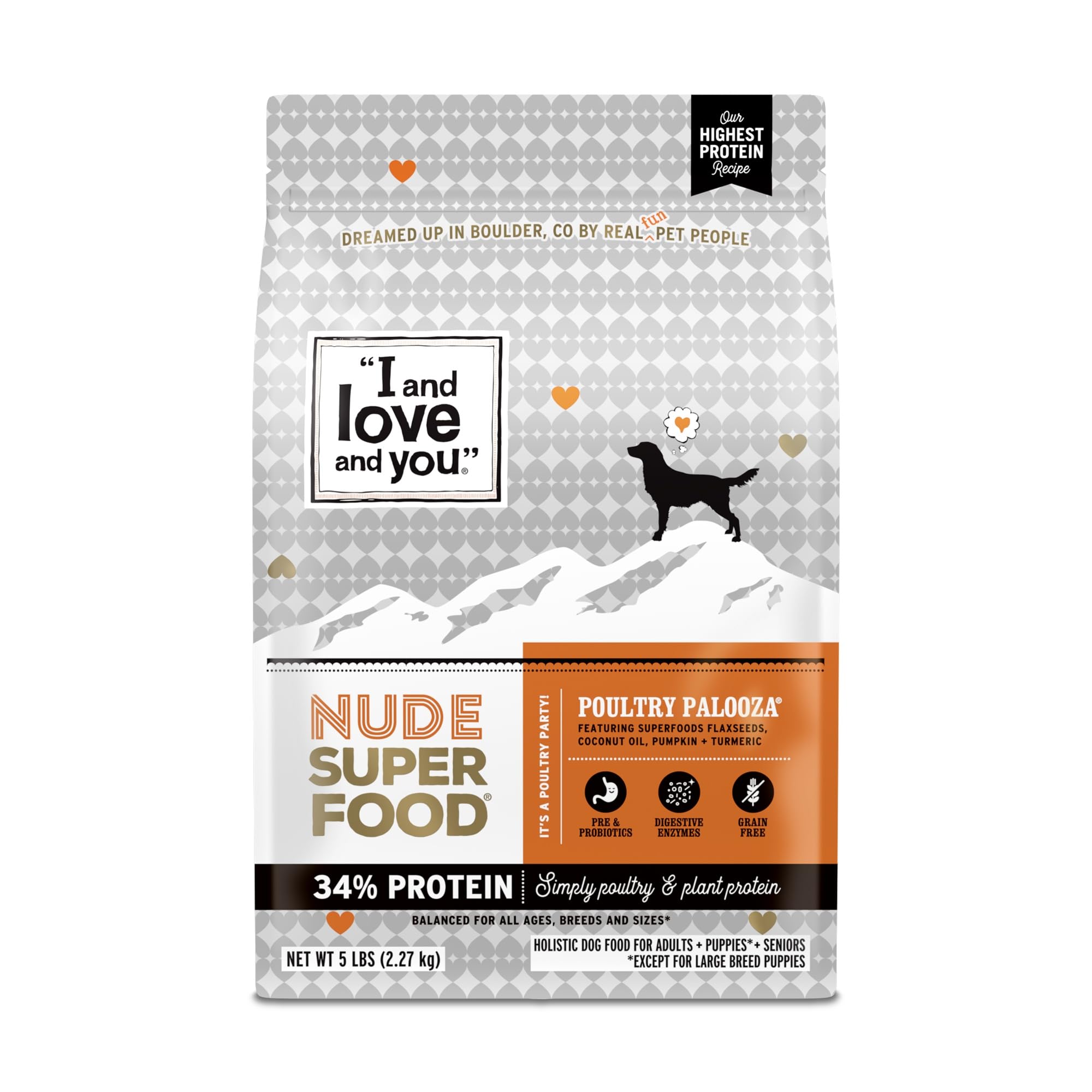 I and love and you Nude Super Food Dry Dog Food - Turkey + Chicken - Prebiotic + Probiotic, Grain Free, Real Meat, No Fillers, 5lb Bag