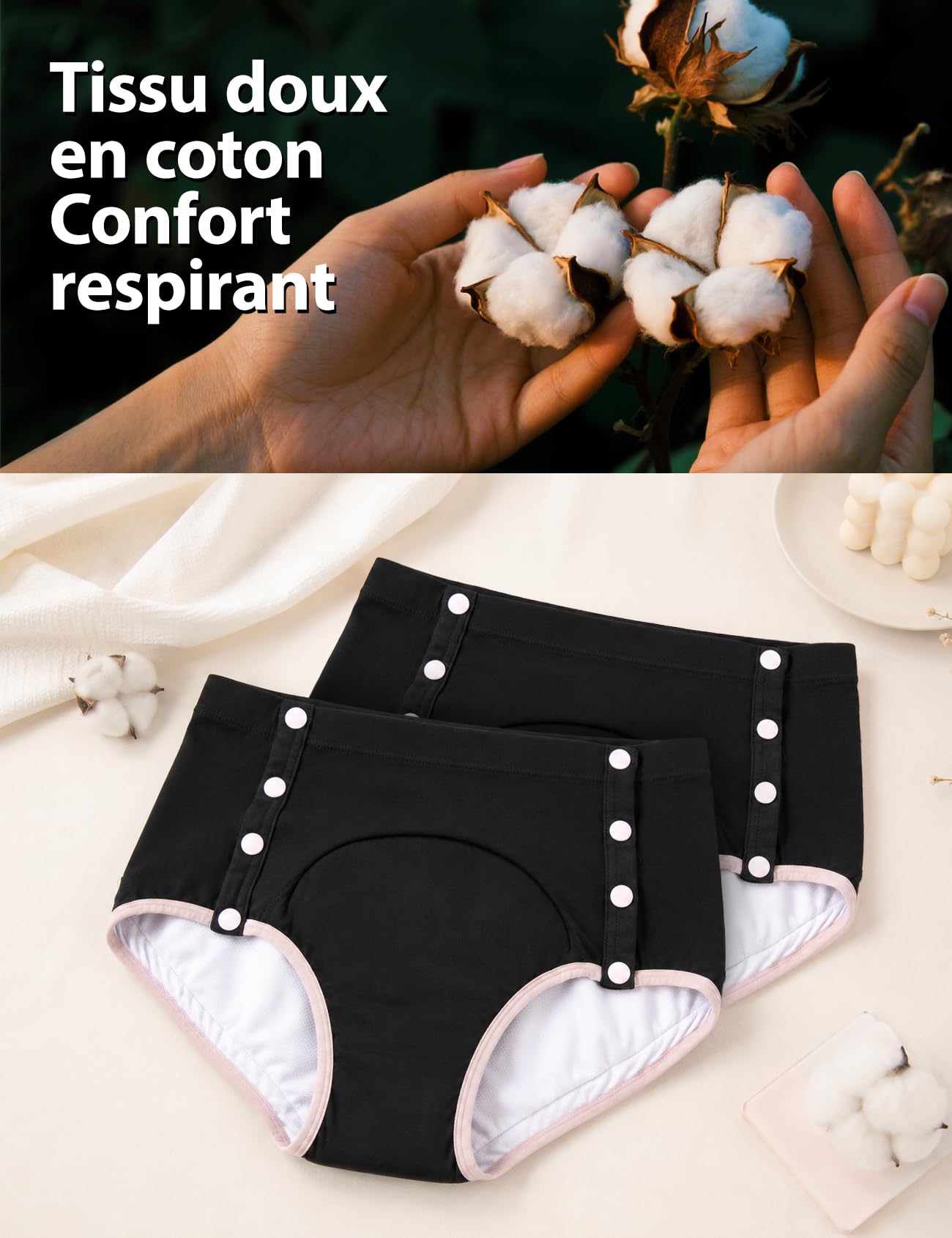 Carer Lot de 3 Culottes Incontinence Femme 230 ml Absorption Coton Sous-vêtement Anti-fuite Boutons-pression Latéraux Amovible Réutilisable Facile à Changer en Cas d’Incontinence, Noir Taille 3XL